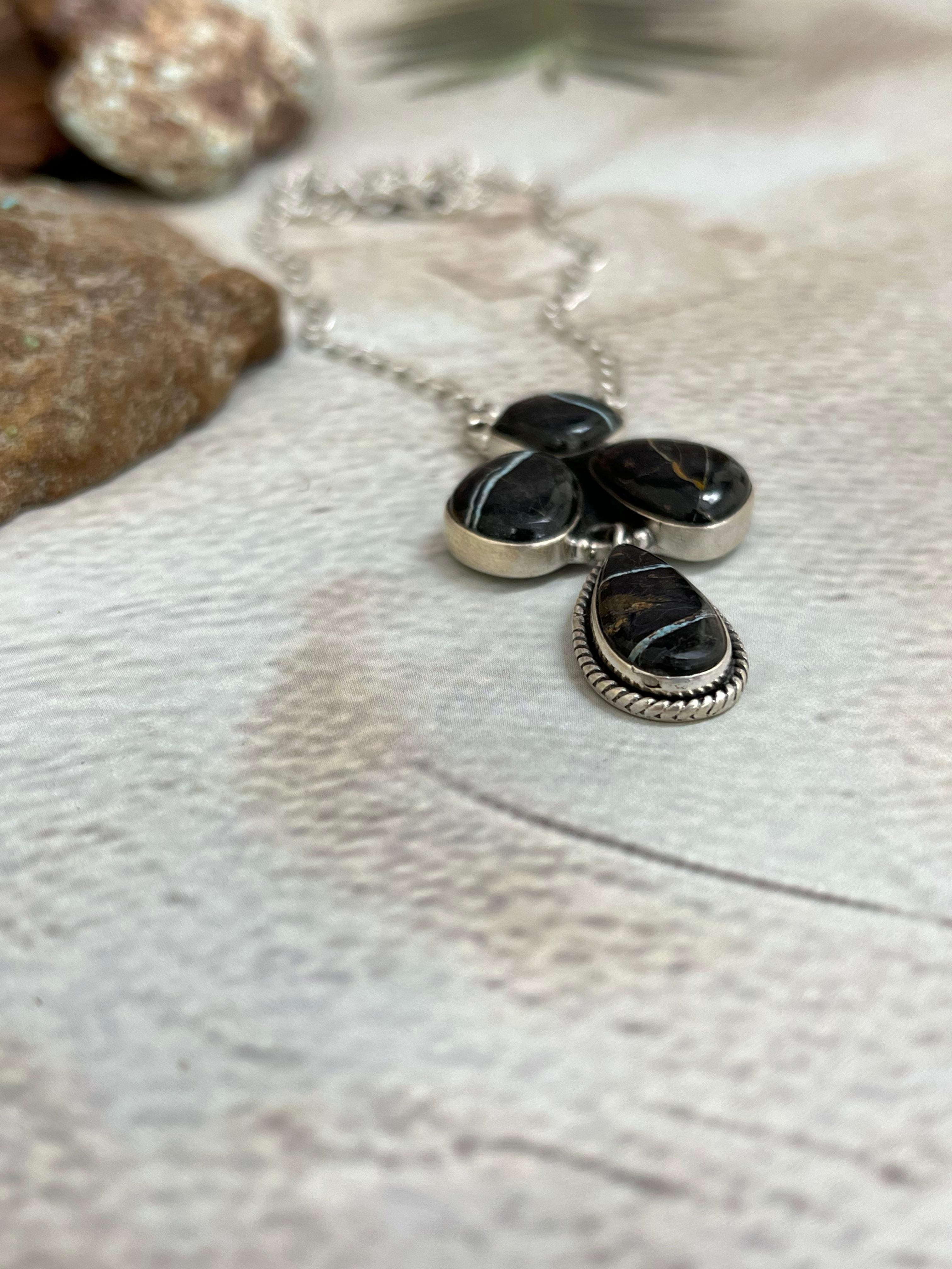 Handmade Sterling Silver Blackjack Turquoise Necklace Signed Nizhoni