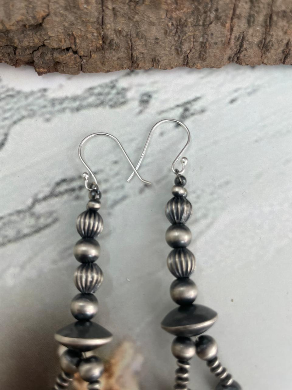 Handmade Sterling Silver Beaded Hook Dangle Earrings "Signed Nizhoni"