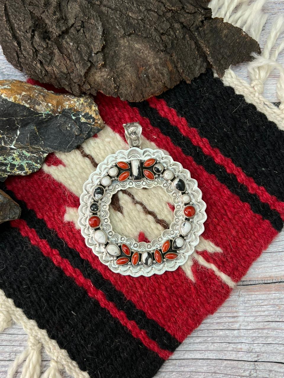 "Christmas Collection" Handmade Sterling Silver White Buffalo with Coral Pendant "Signed Nizhoni"