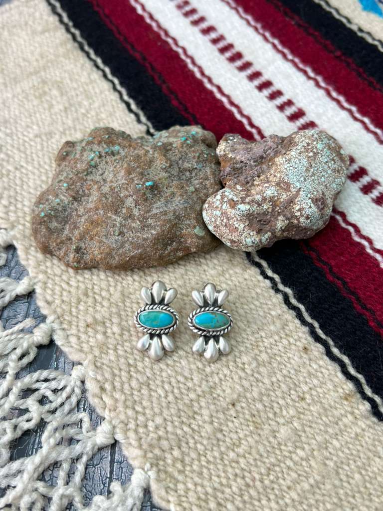 Handmade Sterling Silver Kingman Turquoise Post Studs "Signed Nizhoni"