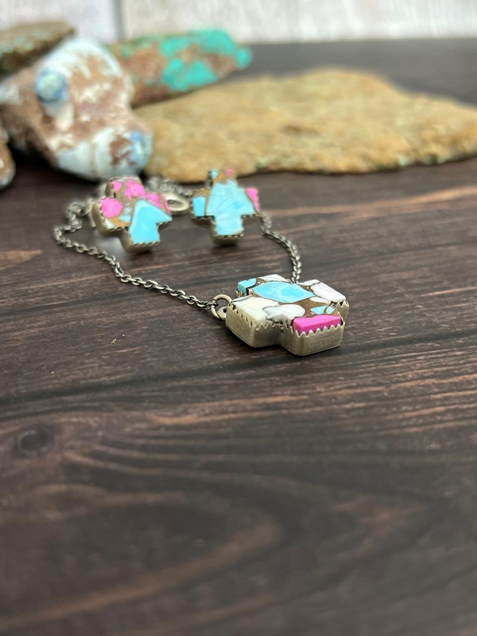 Handmade Sterling Silver Cotton Candy Turquoise Cross Necklace Earrings Set, Signed Nizhoni