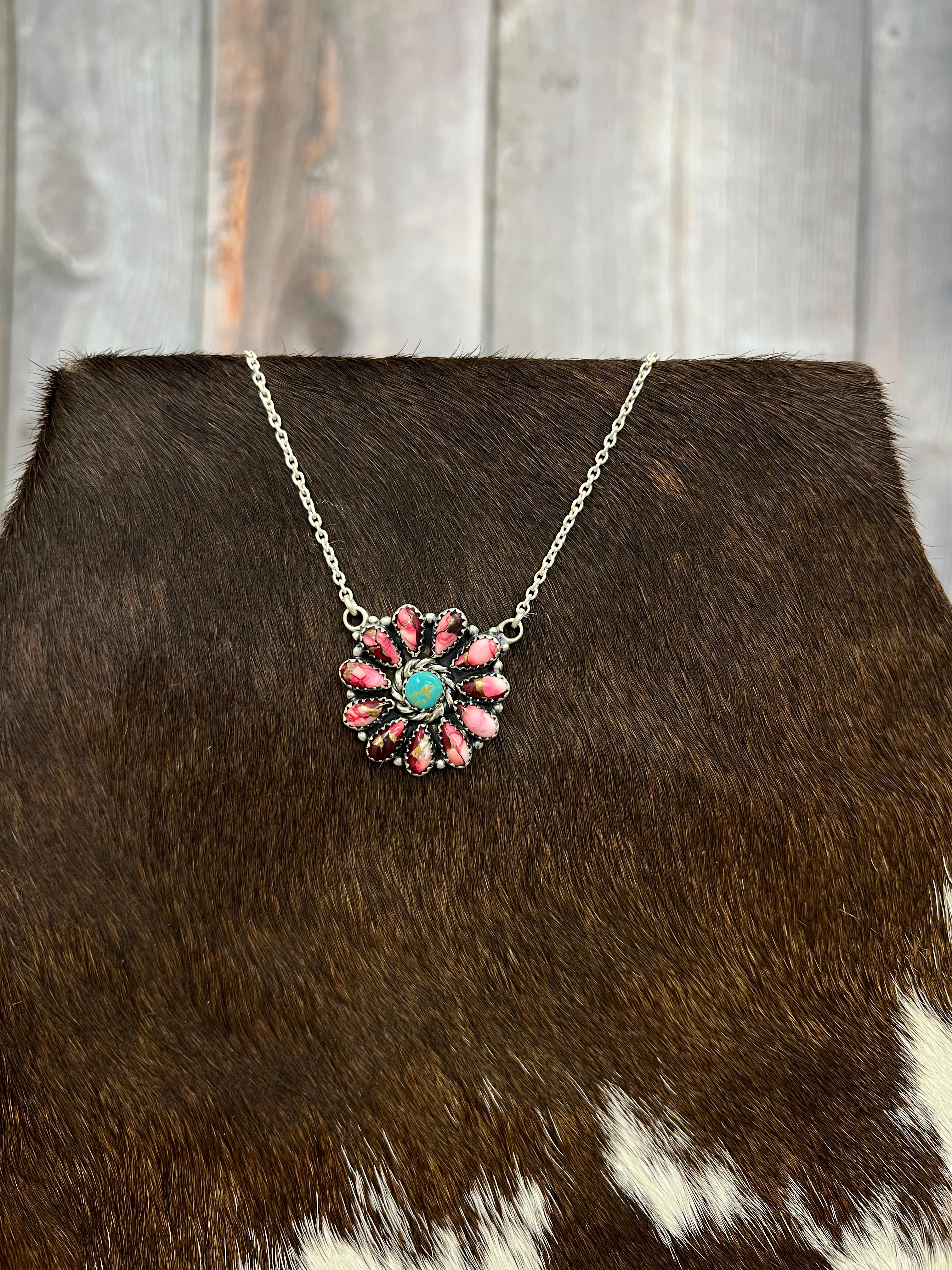 Handmade Sterling Silver Dahlia Rose, Kingman Turquoise Necklace with Signed Nizhoni