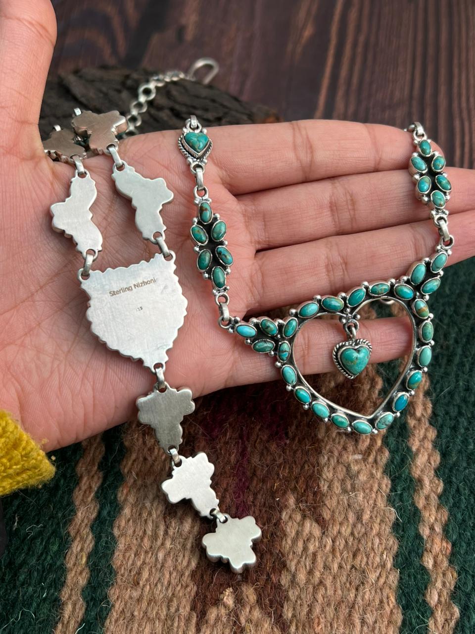 "Heart Collection" Handmade Sterling Silver Kingman Turquoise Necklace "Signed Nizhoni"