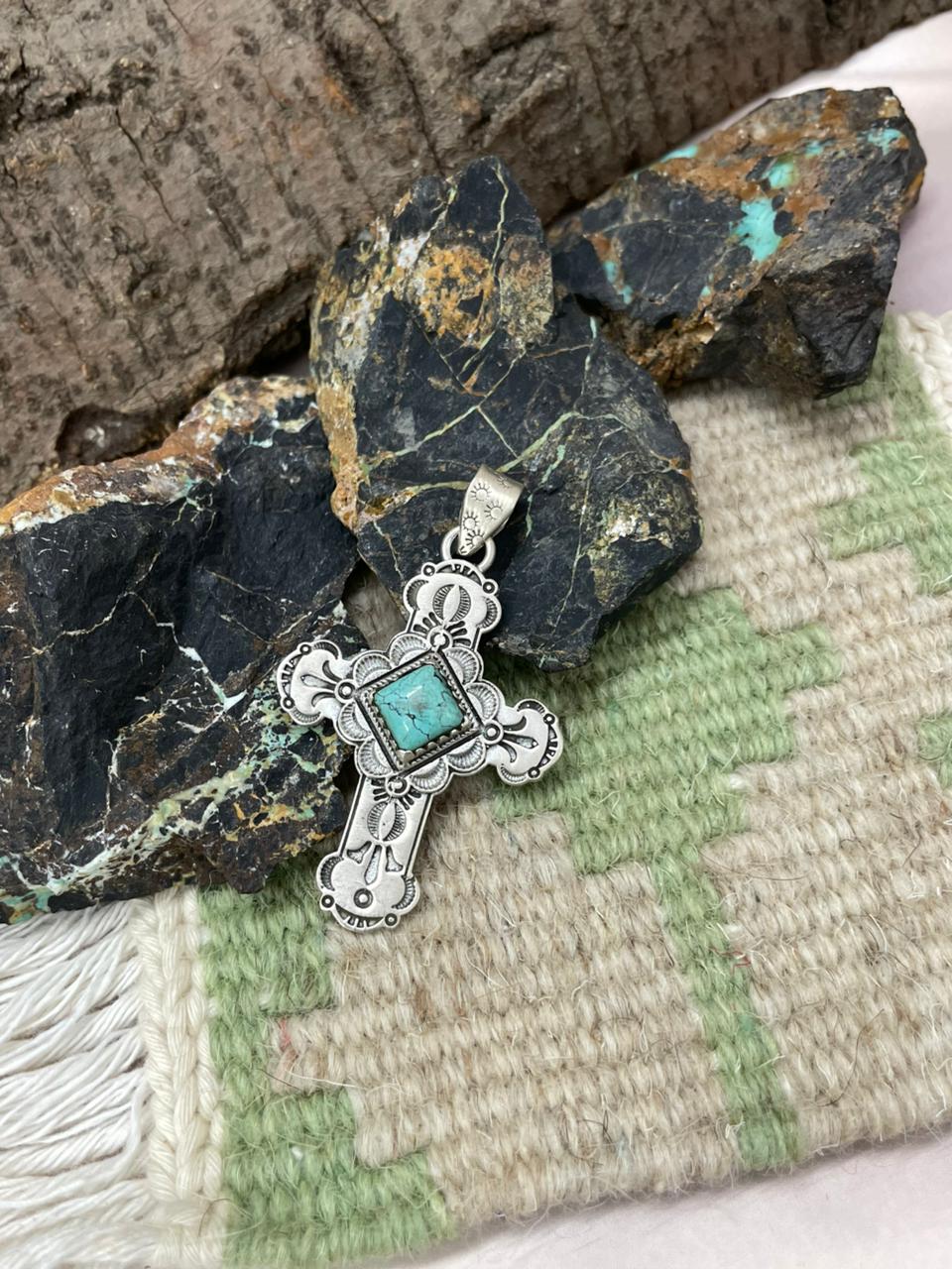 Handmade Sterling Silver Kingman Turquoise Cross Pendant "Signed Nizhoni"