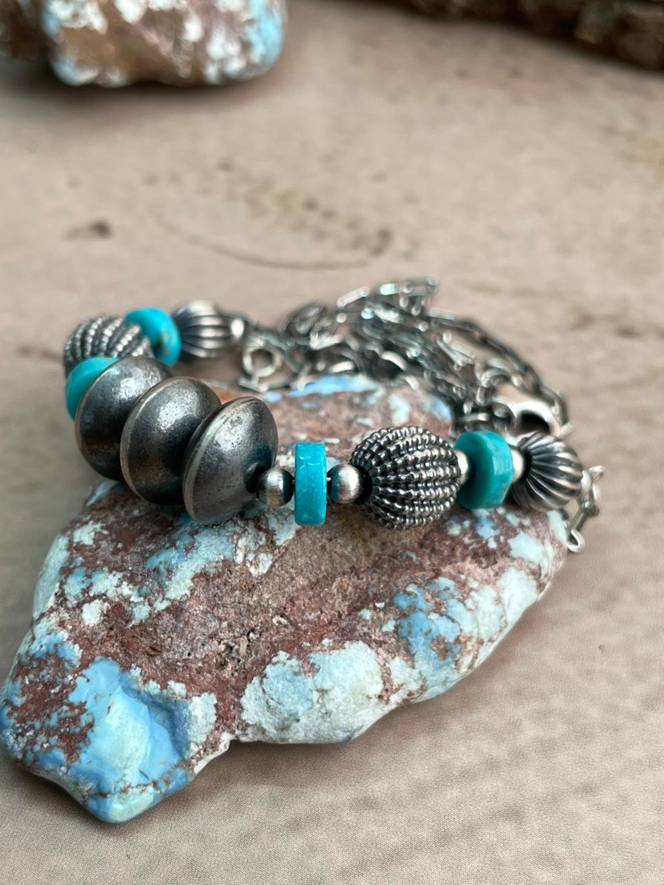 Handmade Sterling Silver Kingman Turquoise Beaded Necklace Signed Nizhoni
