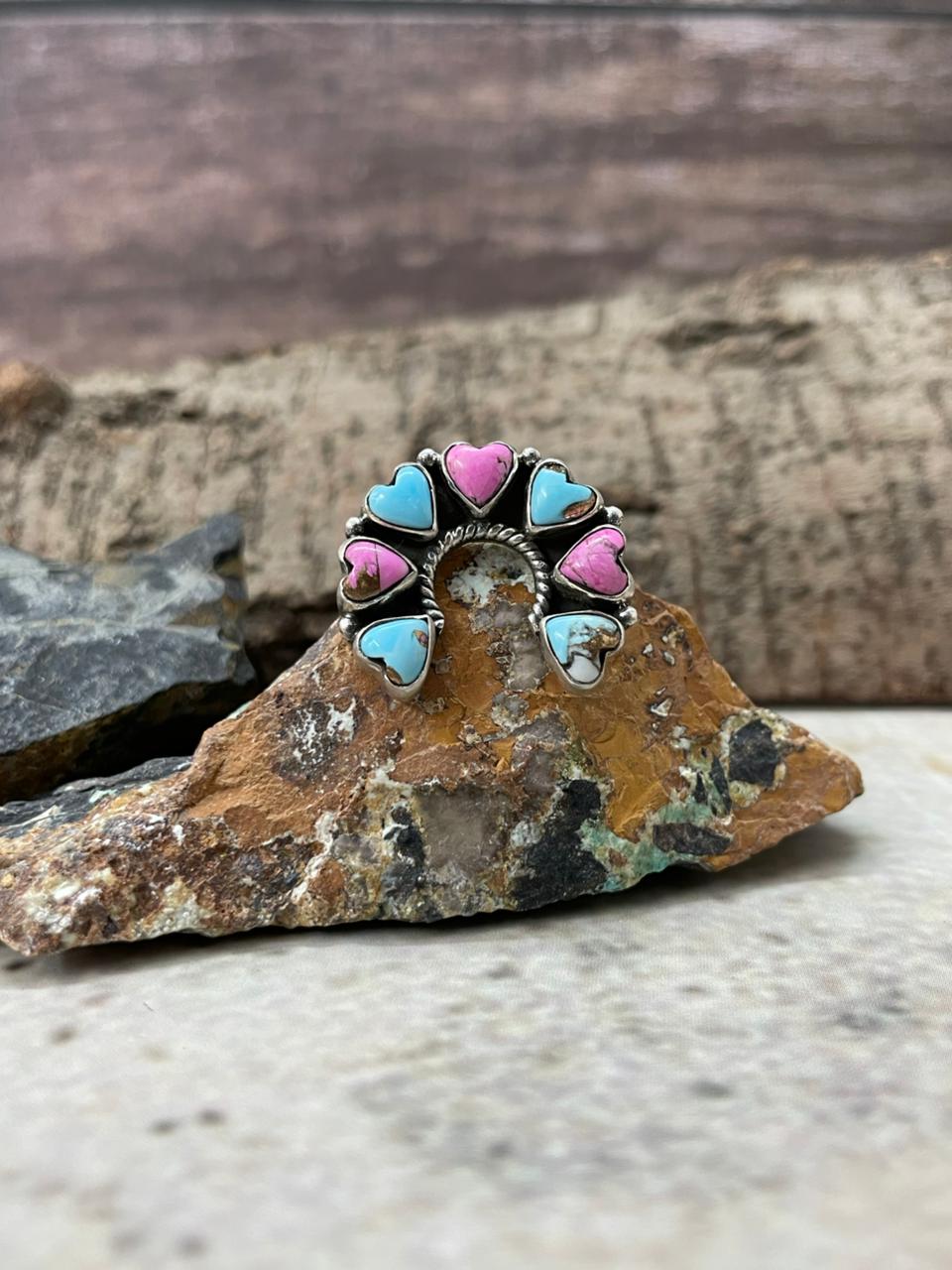 "Heart Collection" Handmade Sterling Silver Cotton Candy Adjustable Ring "Signed Nizhoni"