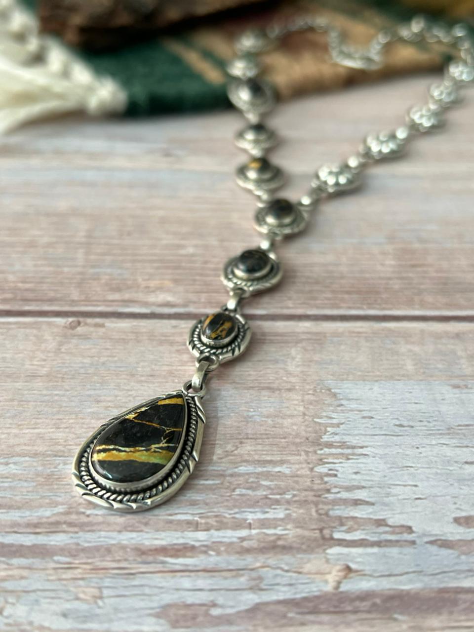 Handmade Sterling Silver Blackjack Turquoise Necklace "Signed Nizhoni"