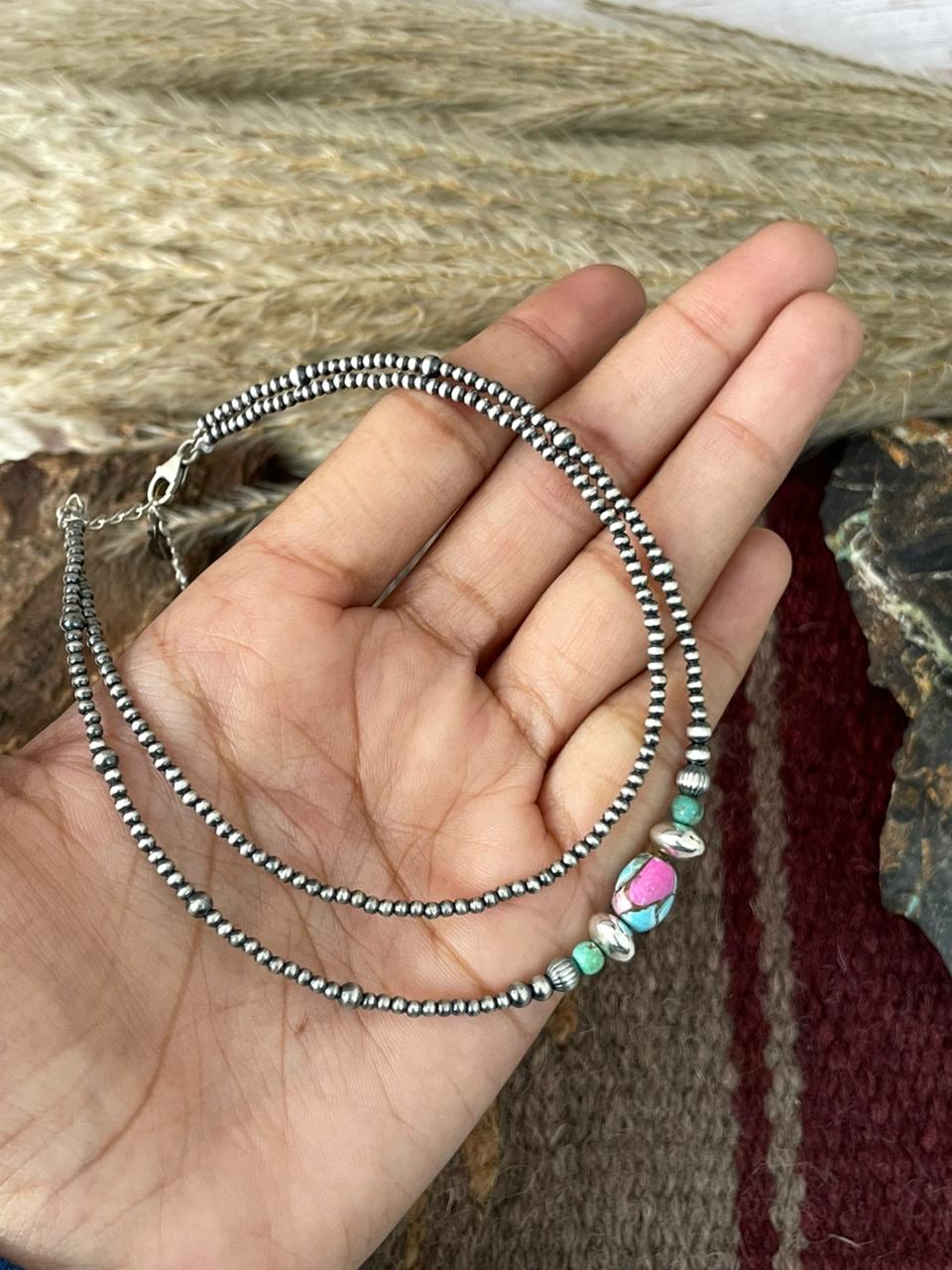 Handmade Sterling Silver Cotton Candy with Kingman Turquoise Double Strand Beaded Anklet "Signed Nizhoni"