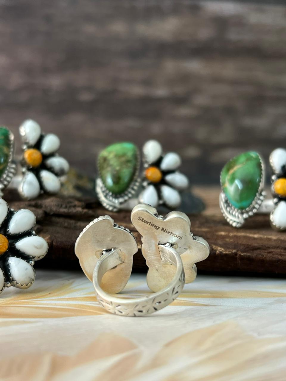 Handmade Sterling Silver Spring Collection: Bumble Bee with Sonoran and White Buffalo Adjustable Ring "Signed Nizhoni" DAISY