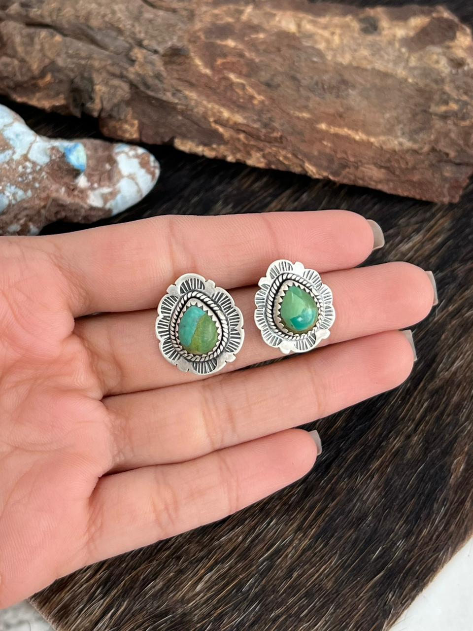 Handmade Sterling Silver Kingman Turquoise Post Studs Earrings "Signed Nizhoni"