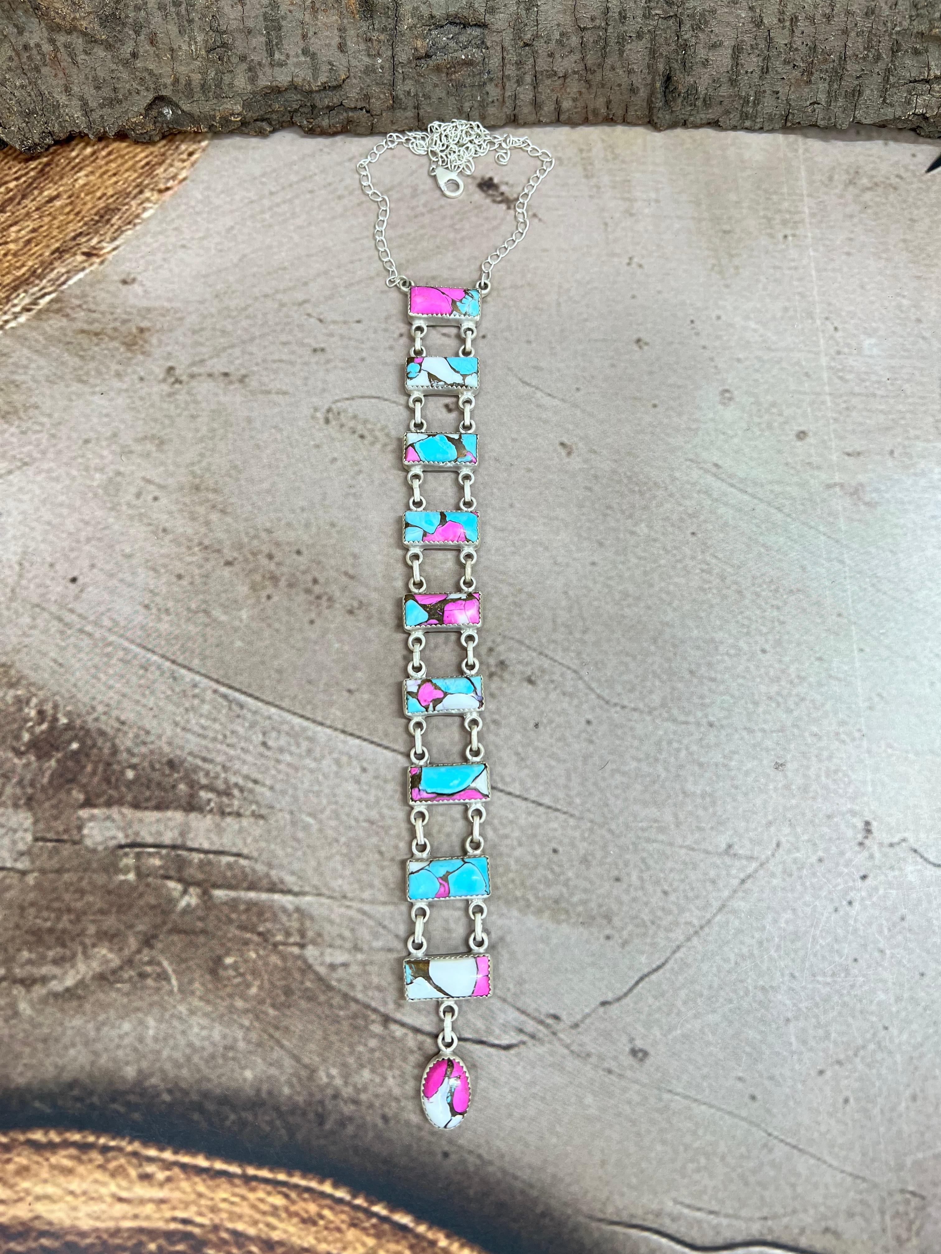 Handmade Sterling Silver Cotton Candy Turquoise Stairs Necklace with Signed Nizhoni