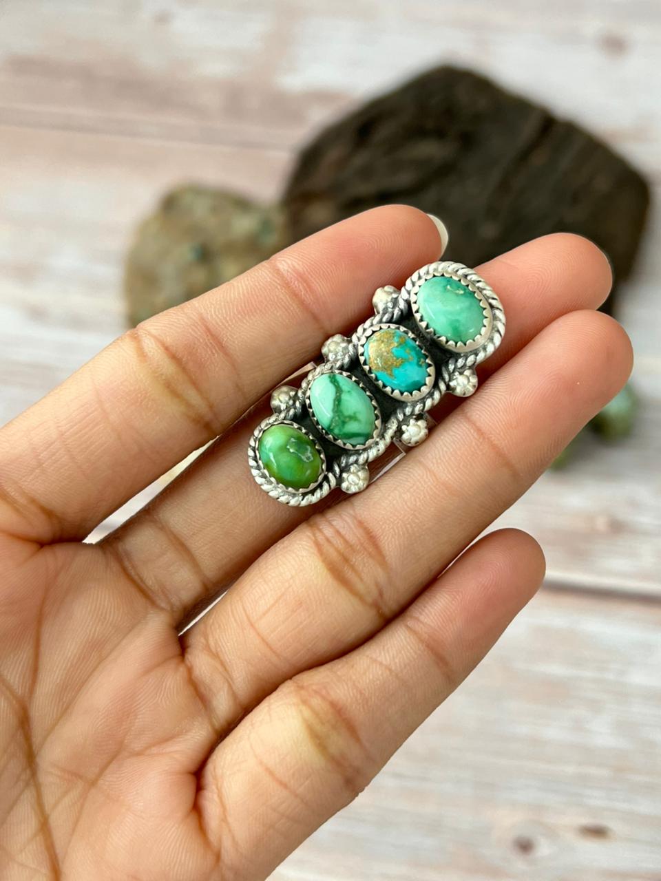 Handmade Sterling Silver Emerald Valley Turquoise Adjustable Ring With Signed Nizhoni