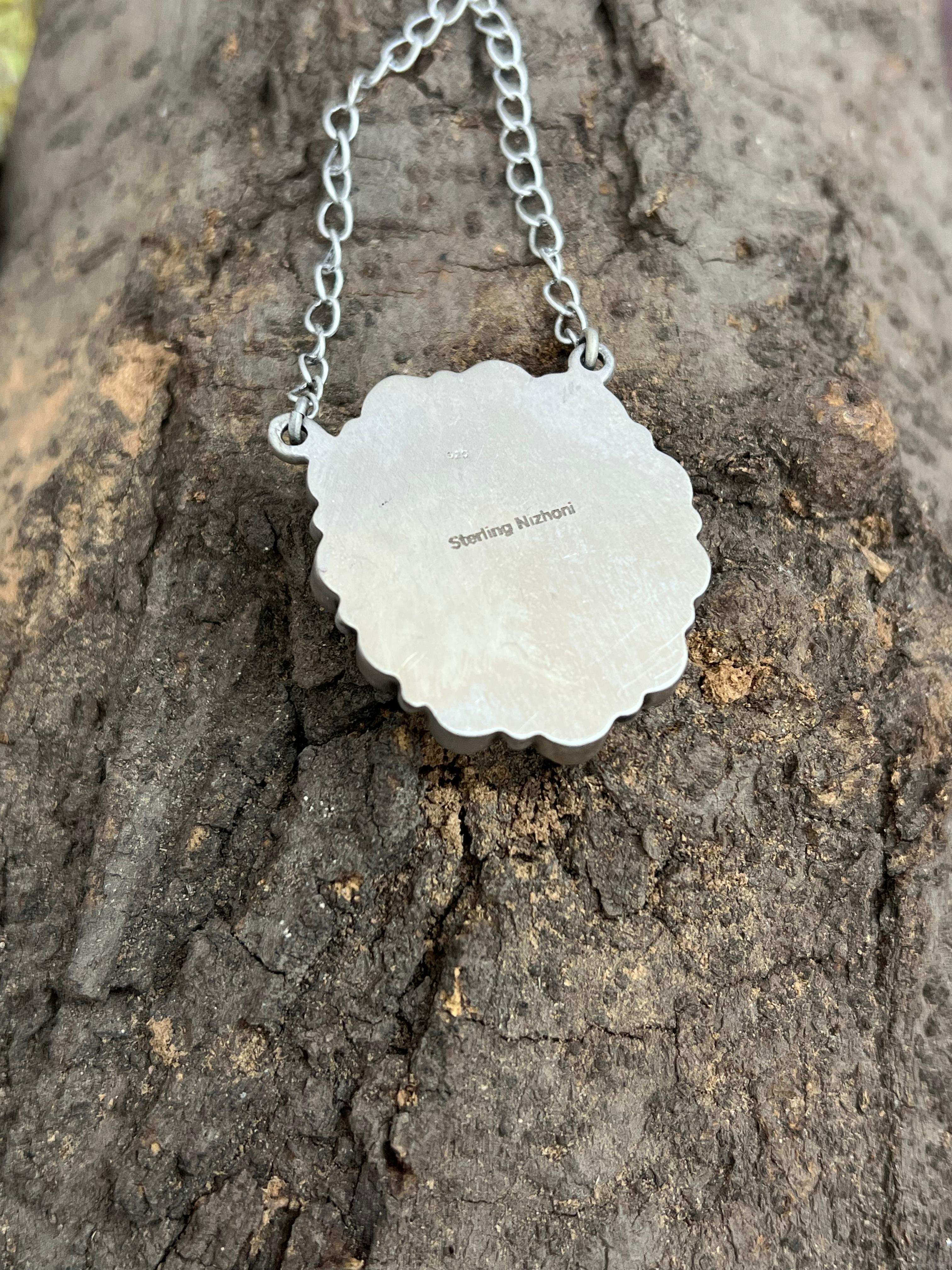 Handmade Sterling Silver Peacock Dahlia Necklace with Signed Nizhoni