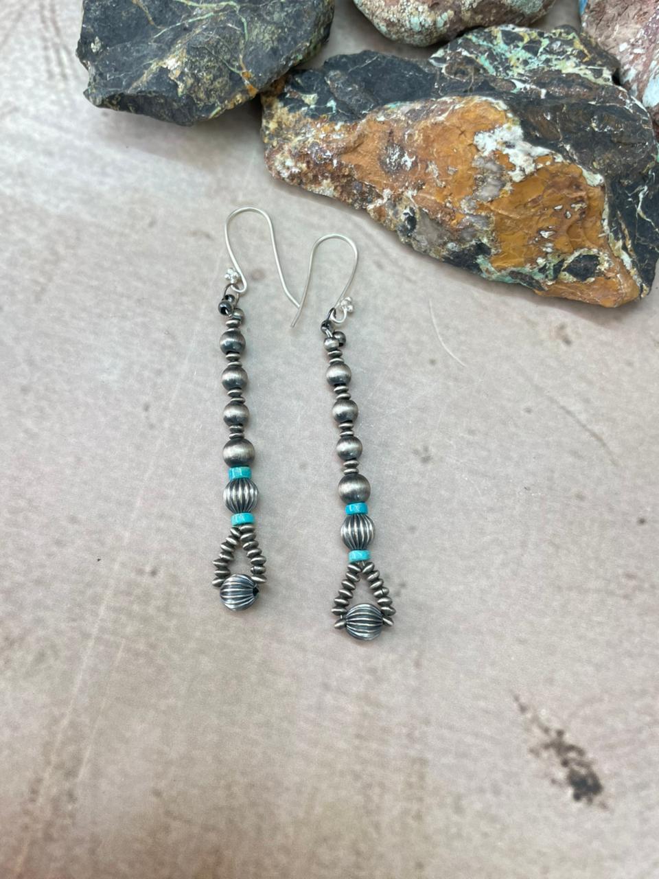 Handmade Sterling Silver Beaded Kingman Turquoise Dangle Hook Earrings "Signed Nizhoni" (2)