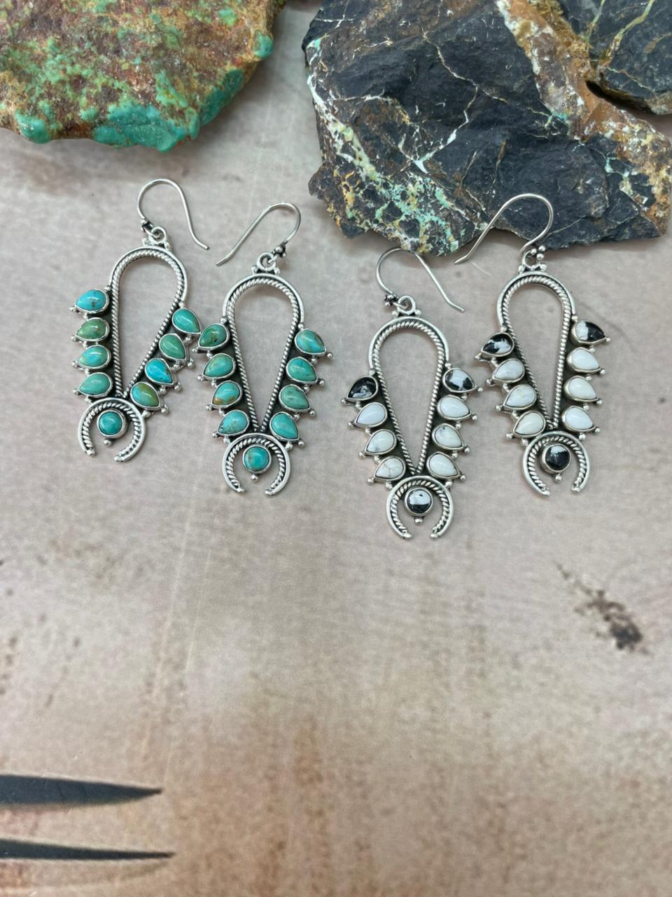 Handmade Sterling Silver Kingman, White Buffalo Hook Dangle Earrings "Signed Nizhoni" (4)