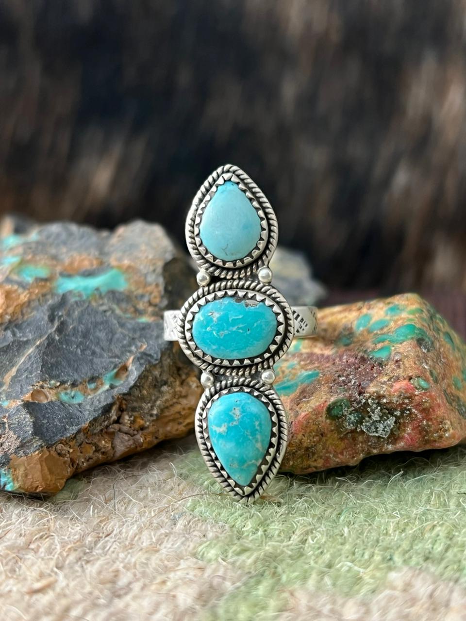 Handmade Sterling Silver White Water Turquoise Adjustable Ring "Signed Nizhoni"