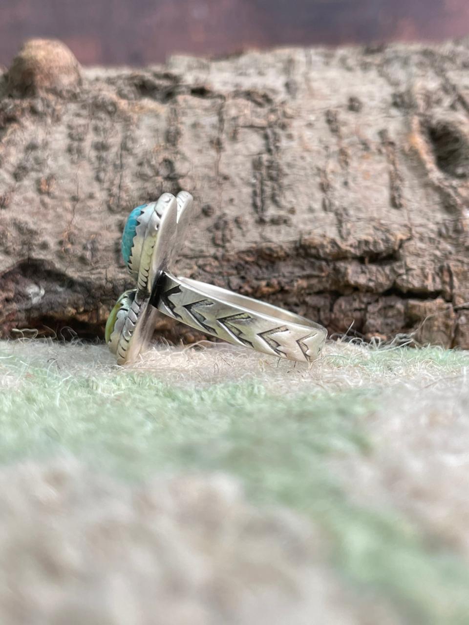 Handmade Sterling Silver White Water with Palomino Turquoise Adjustable Ring "Signed Nizhoni"