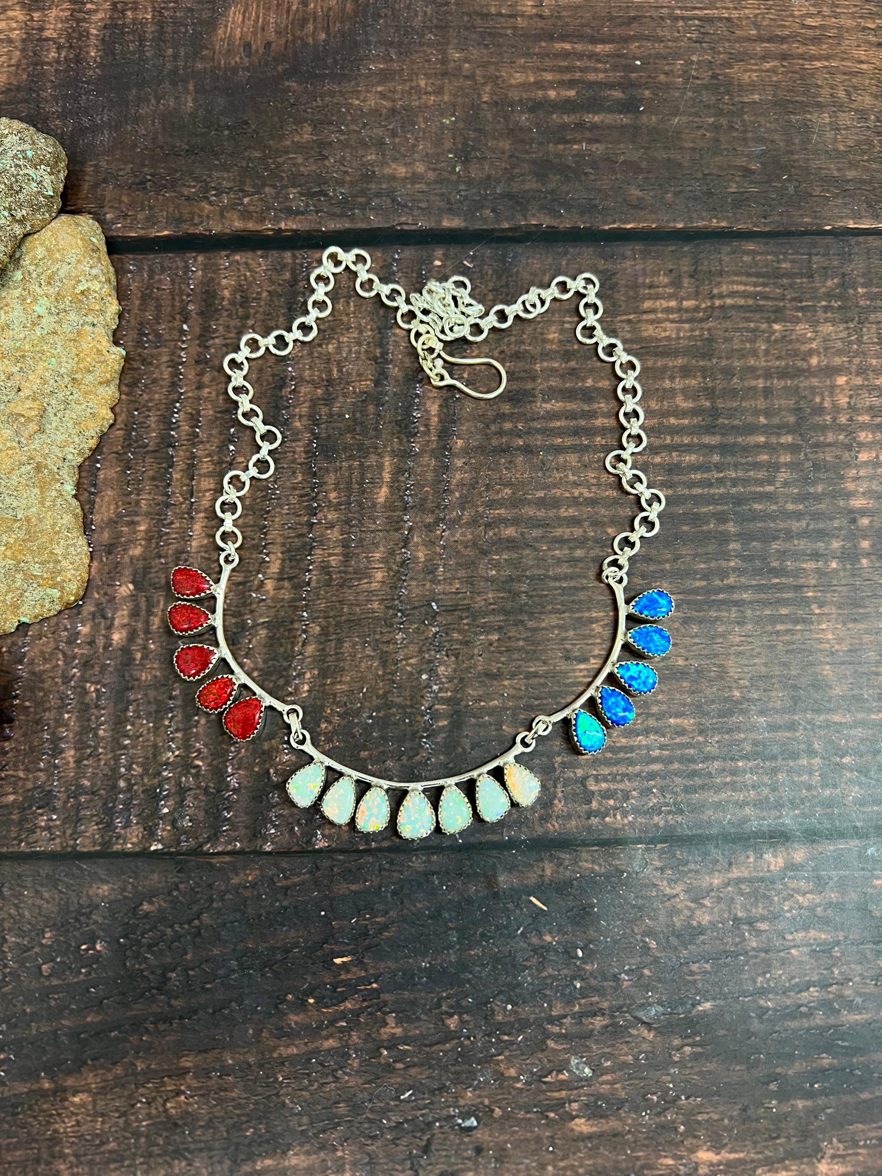 ** 4TH OF JULY ** Handmade Sterling Silver Synthetic Opal Necklace with Signed Nizhoni
