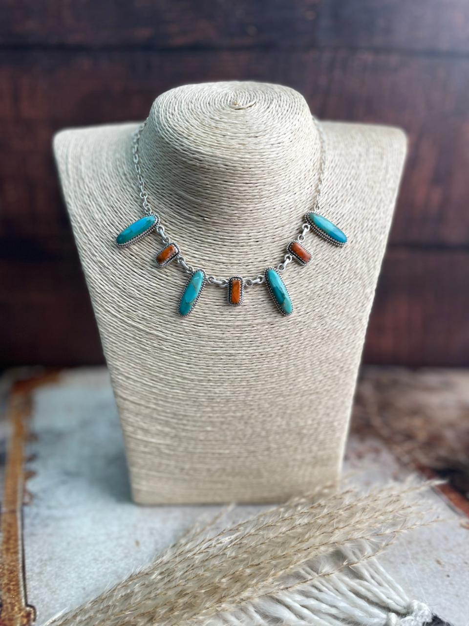 Handmade Sterling Silver Kingman with Orange Mojave Necklace "Signed Nizhoni"