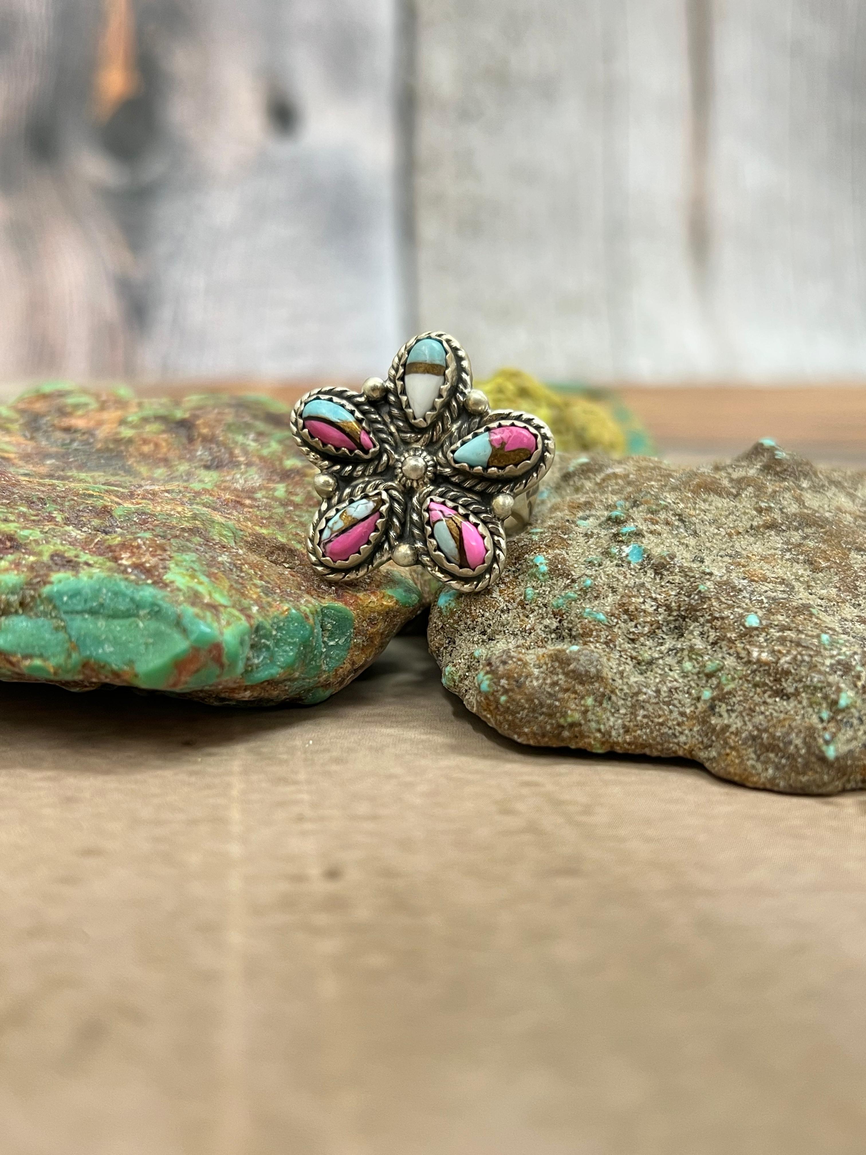 Handmade Sterling Silver Cotton Candy Turquoise Adjustable Ring with Signed Nizhoni