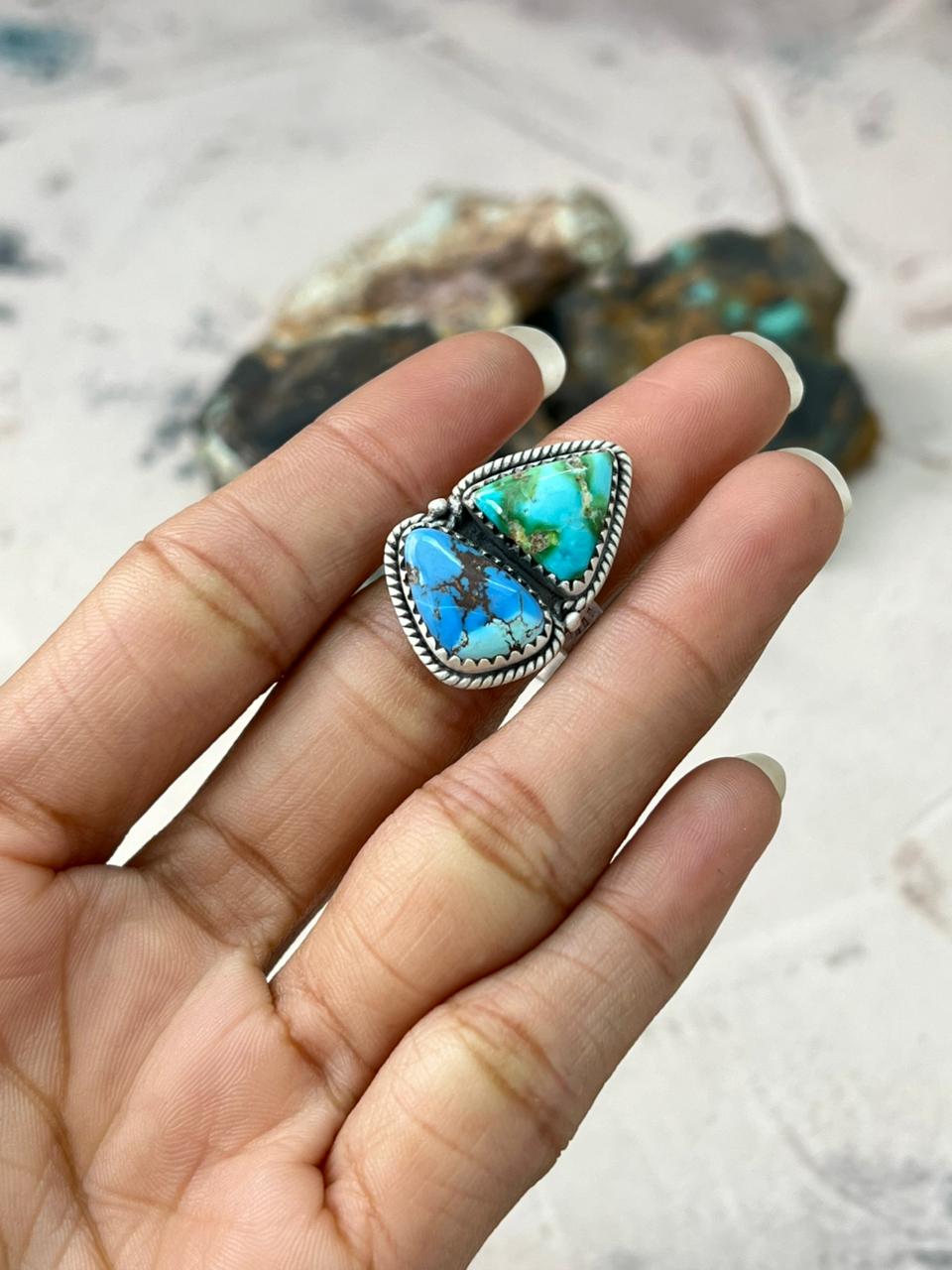 Handmade Sterling Silver Sonoran Mountain with Golden Hills Turquoise Adjustable Ring "Signed Nizhoni"