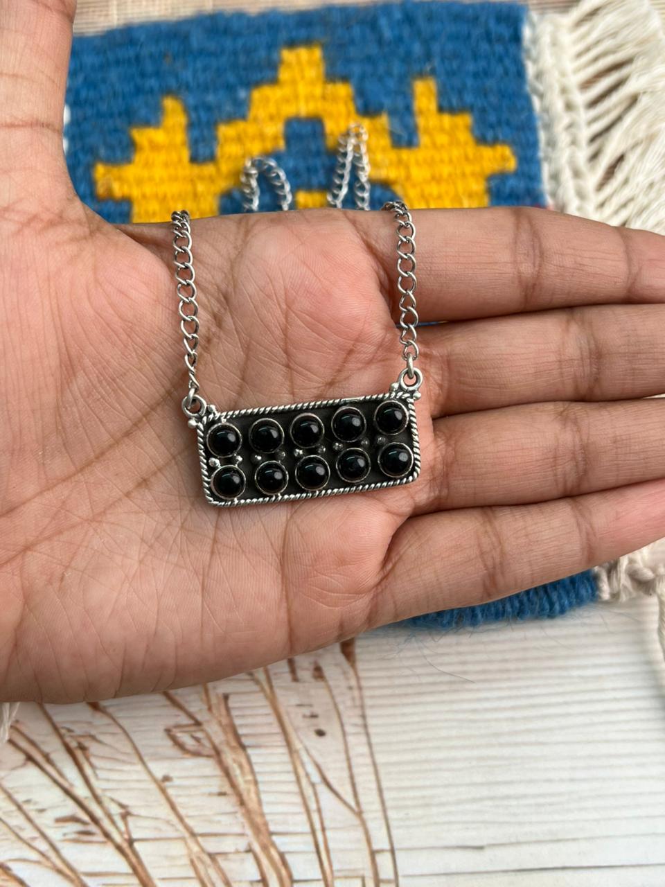 Handmade Sterling Silver Black Onyx Bar Necklace "Signed Nizhoni"