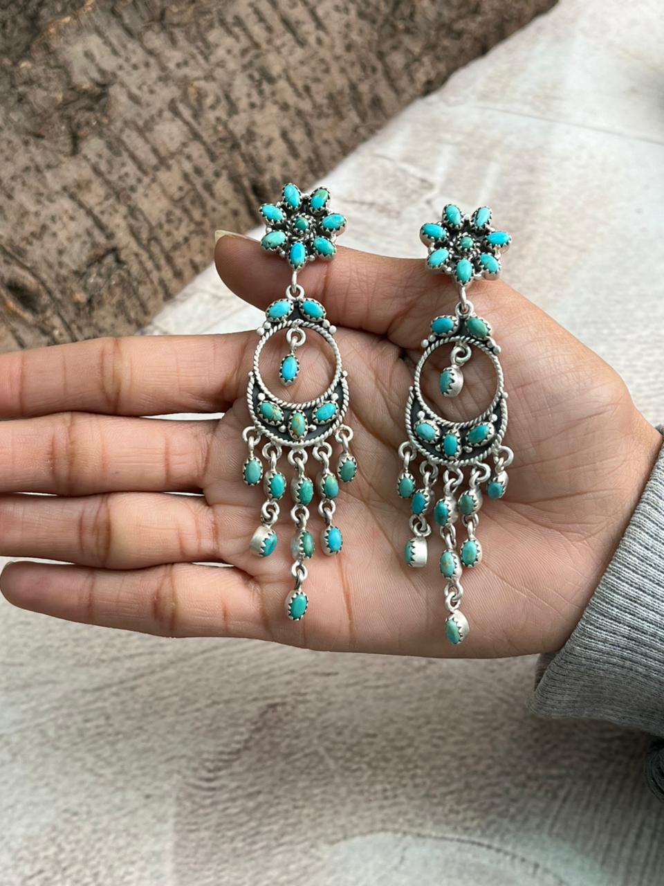 Handmade Sterling Silver Kingman Turquoise Post Dangle Earrings "Signed Nizhoni"