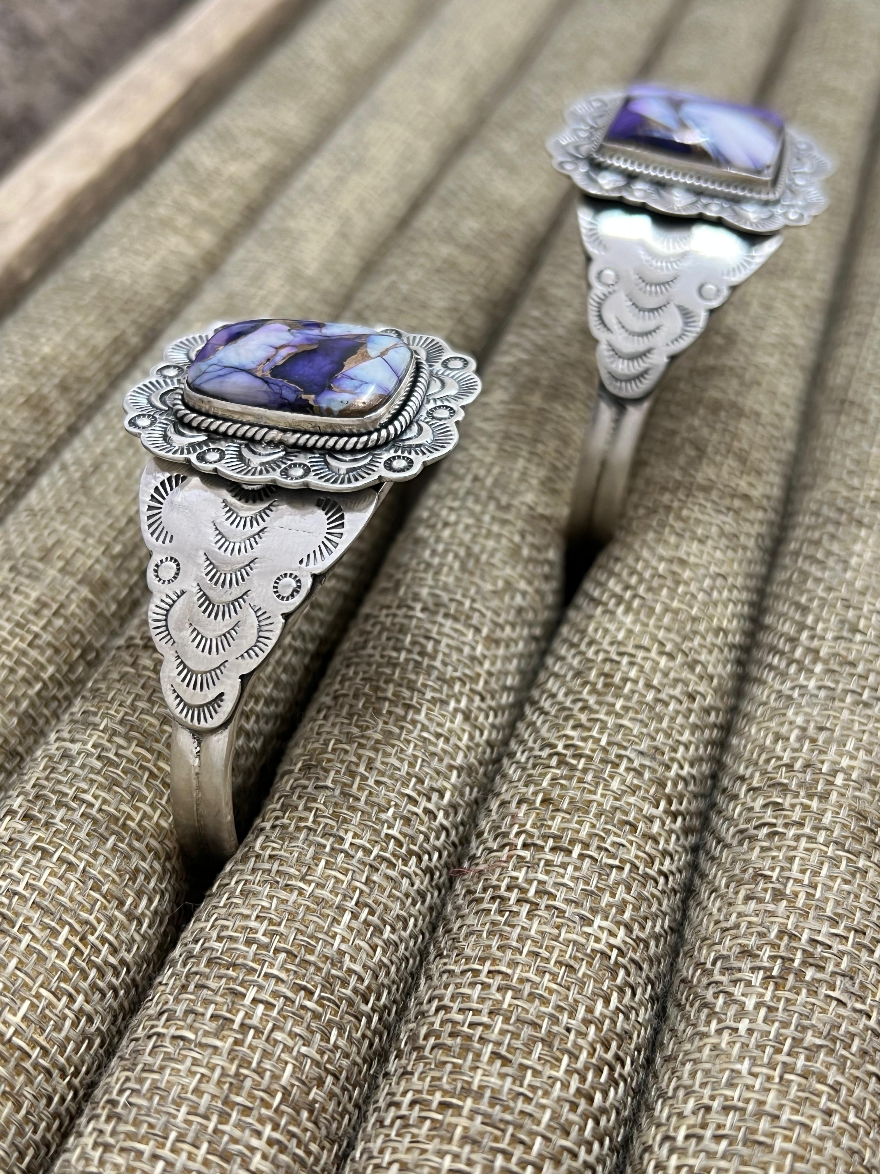 Handmade Sterling Silver Purple Ice Rose Dahlia Cuff Bracelet with Signed Nizhoni