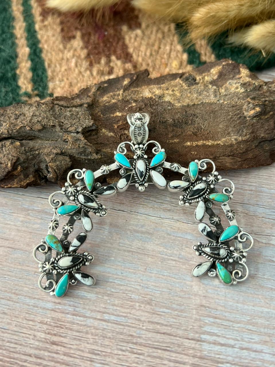 Handmade Sterling Silver Kingman Turquoise with White Buffalo Pendant "Signed Nizhoni"