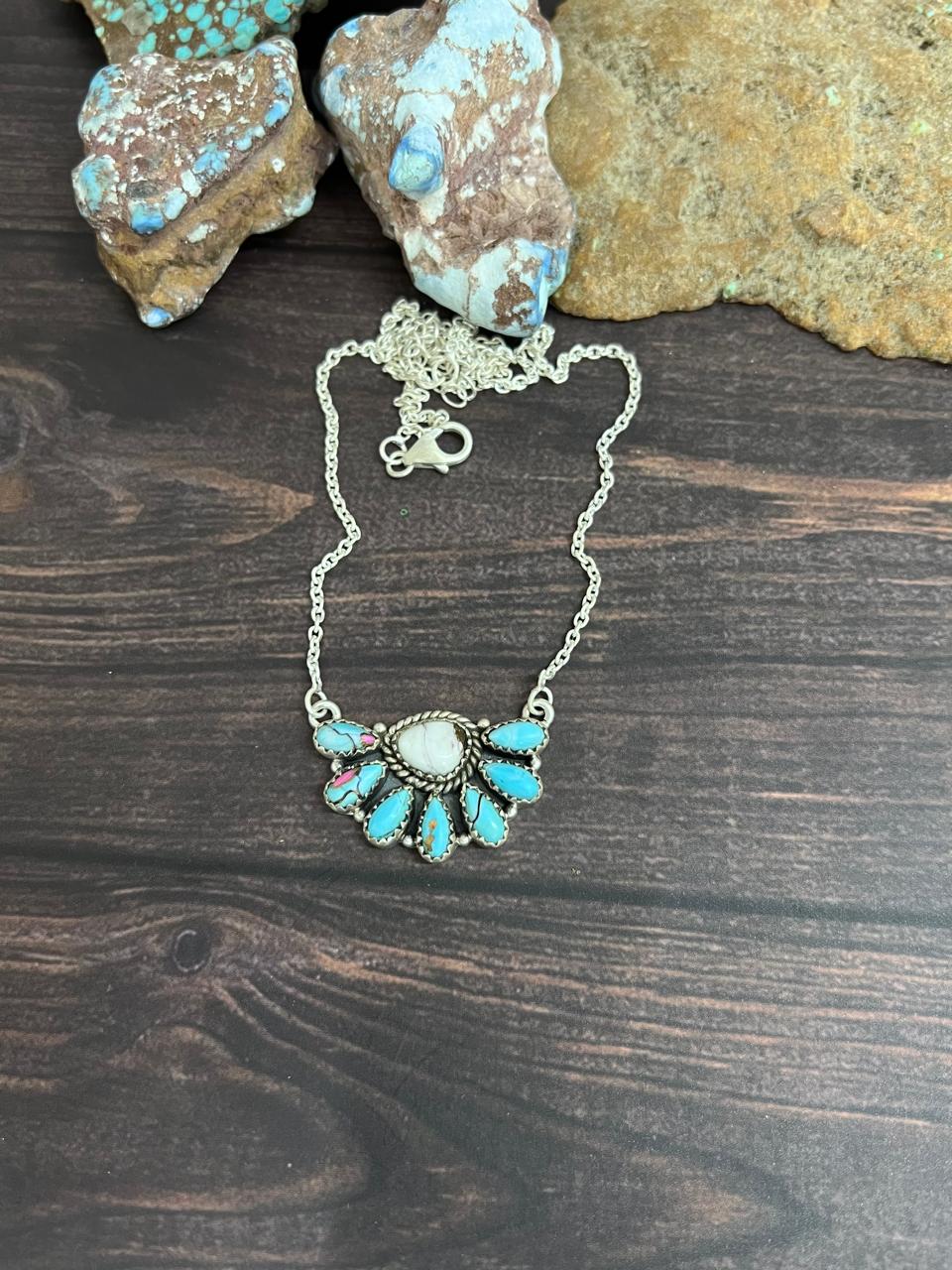 Handmade Sterling Silver Cotton Candy Turquoise Necklace with Signed Nizhoni