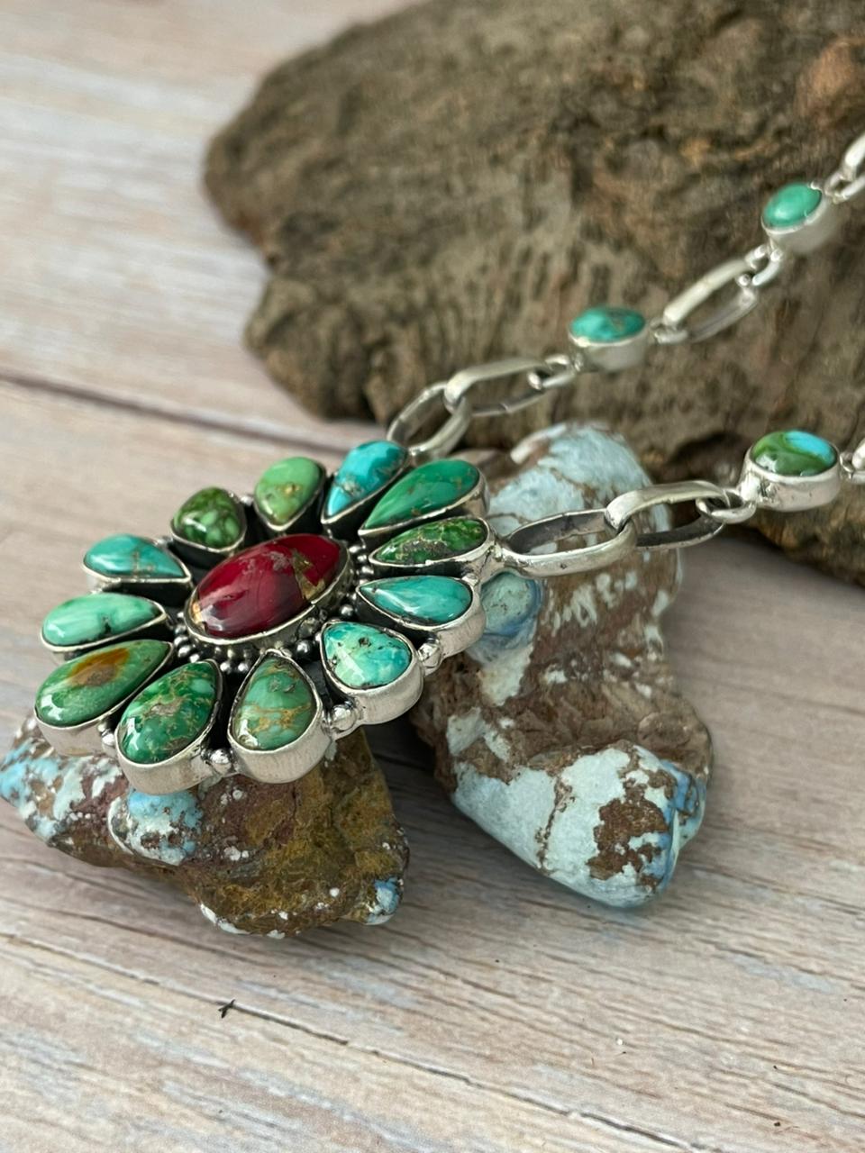 Handmade Sterling Silver Dahlia Rose with Emerald Valley Turquoise Necklace "Signed Nizhoni"