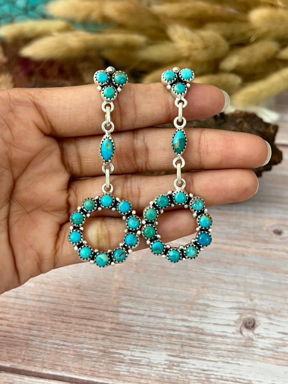 Handmade Sterling Silver Kingman Turquoise Post Dangle Earrings "Signed Nizhoni"