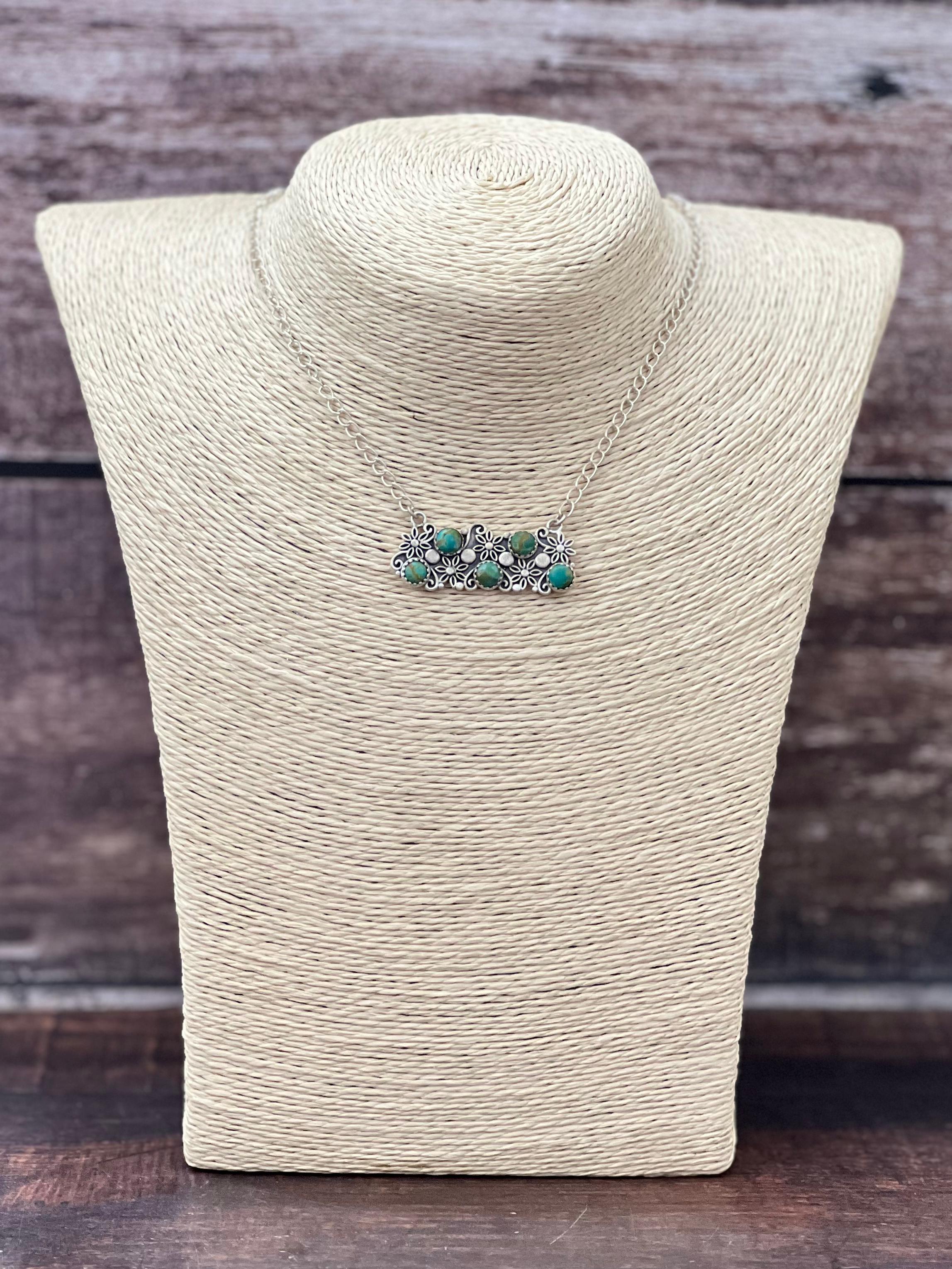 Handmade Sterling Silver Kingman Turquoise Necklace with Signed Nizhoni