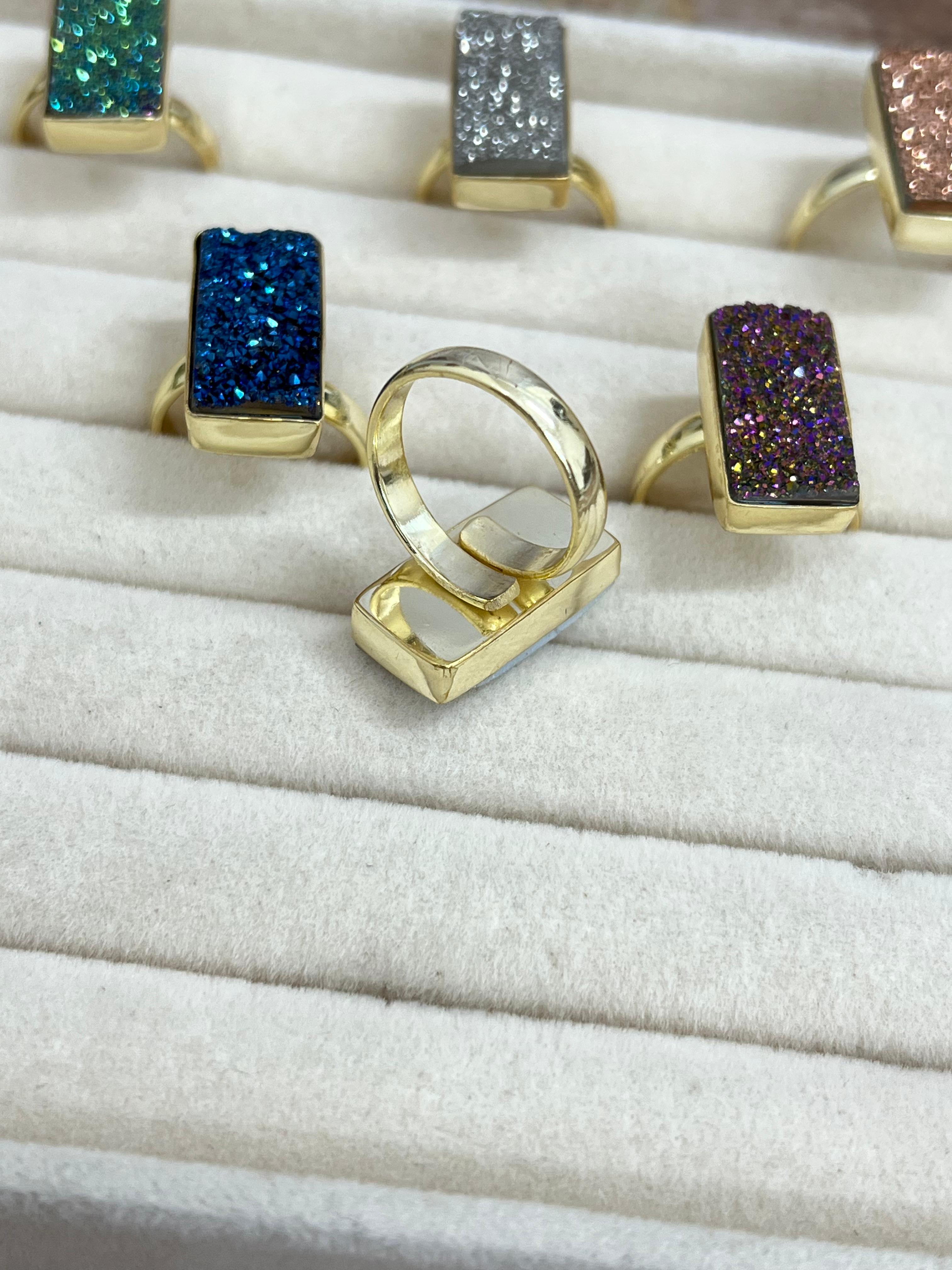 “The Boho Collection” Handmade Natural Druzy Adjustable Baguette Ring- 6 Colors