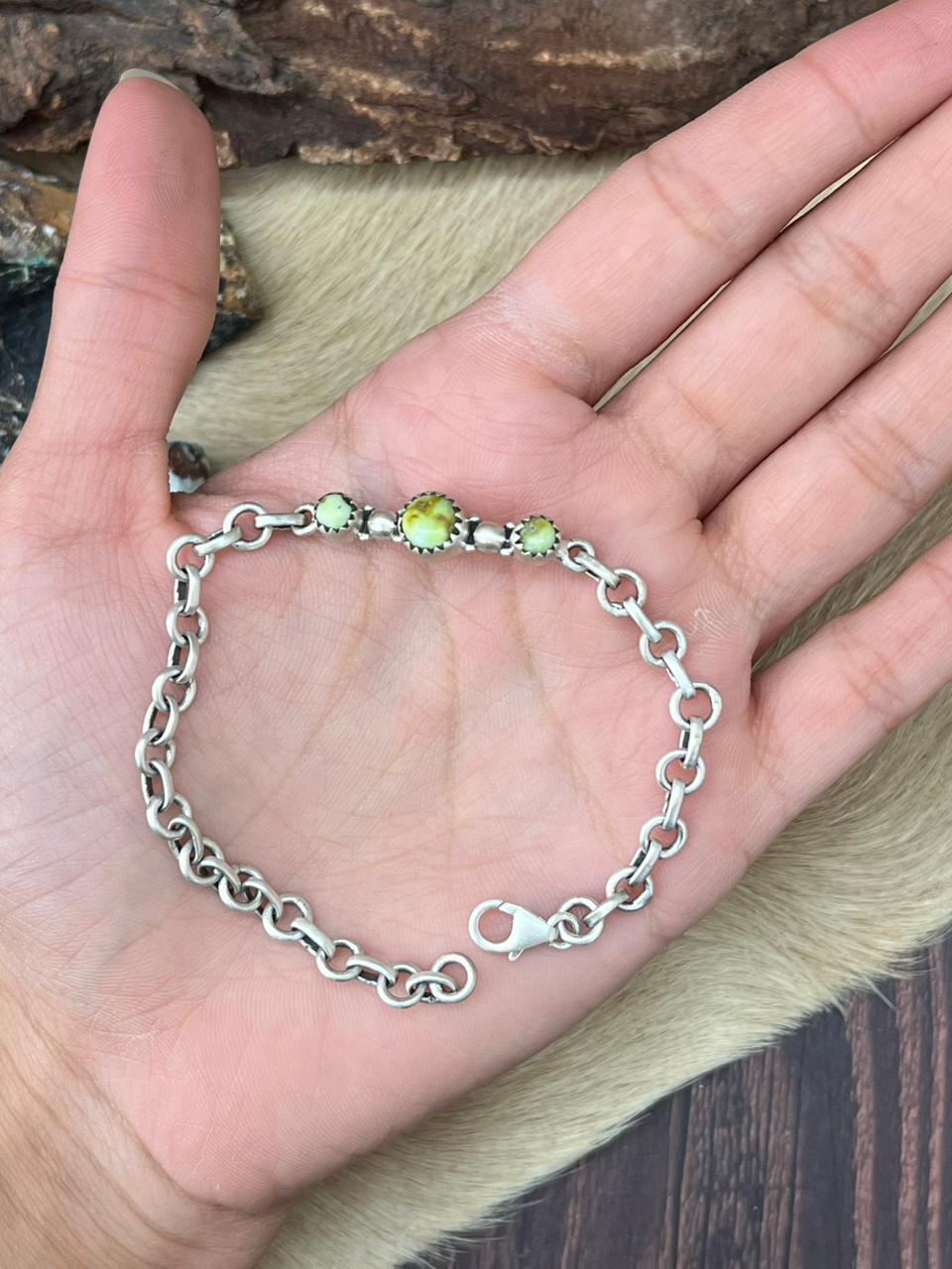 Handmade Sterling Silver Palomino Turquoise Chain Bracelet "Signed Nizhoni"