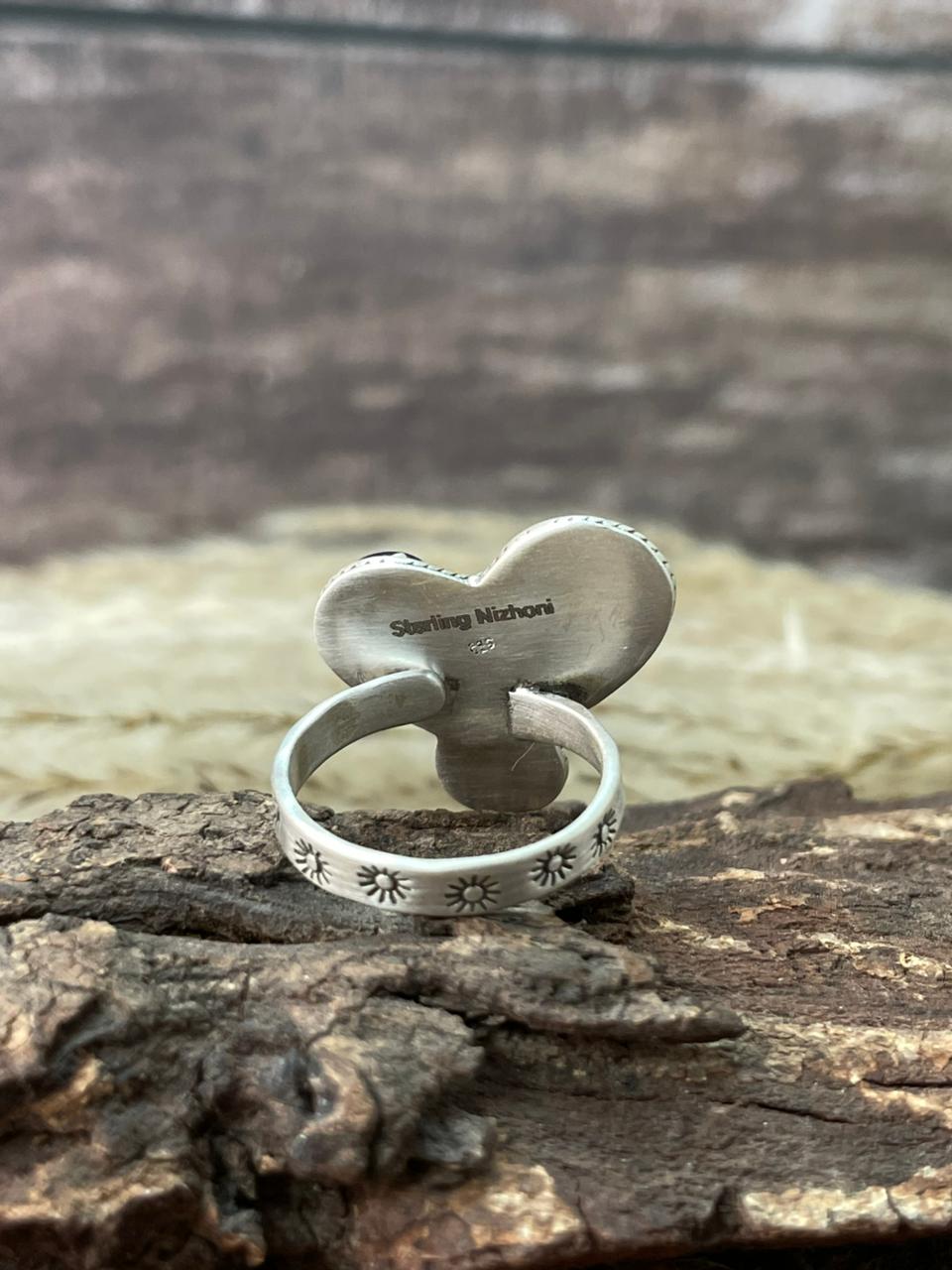 Handmade Sterling Silver Blackjack Turquoise Adjustable Ring "Signed Nizhoni"