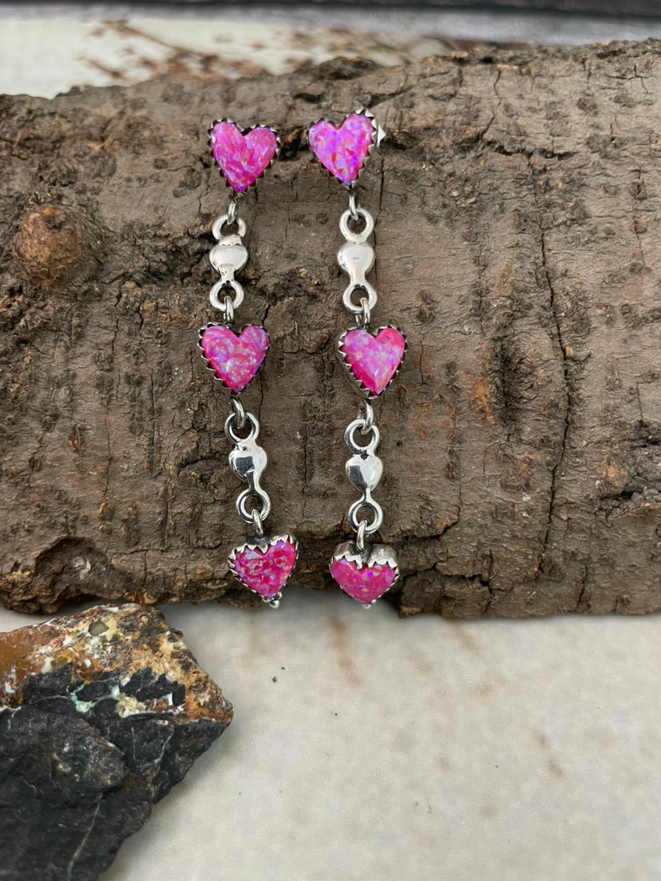 "Heart Collection" Handmade Sterling Silver Hot Pink Post Dangle Earrings "Signed Nizhoni"