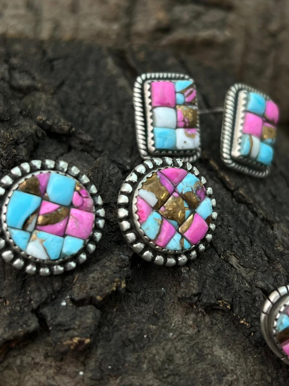 Handmade Sterling Silver Cotton Candy Post Studs Earrings "Signed Nizhoni"