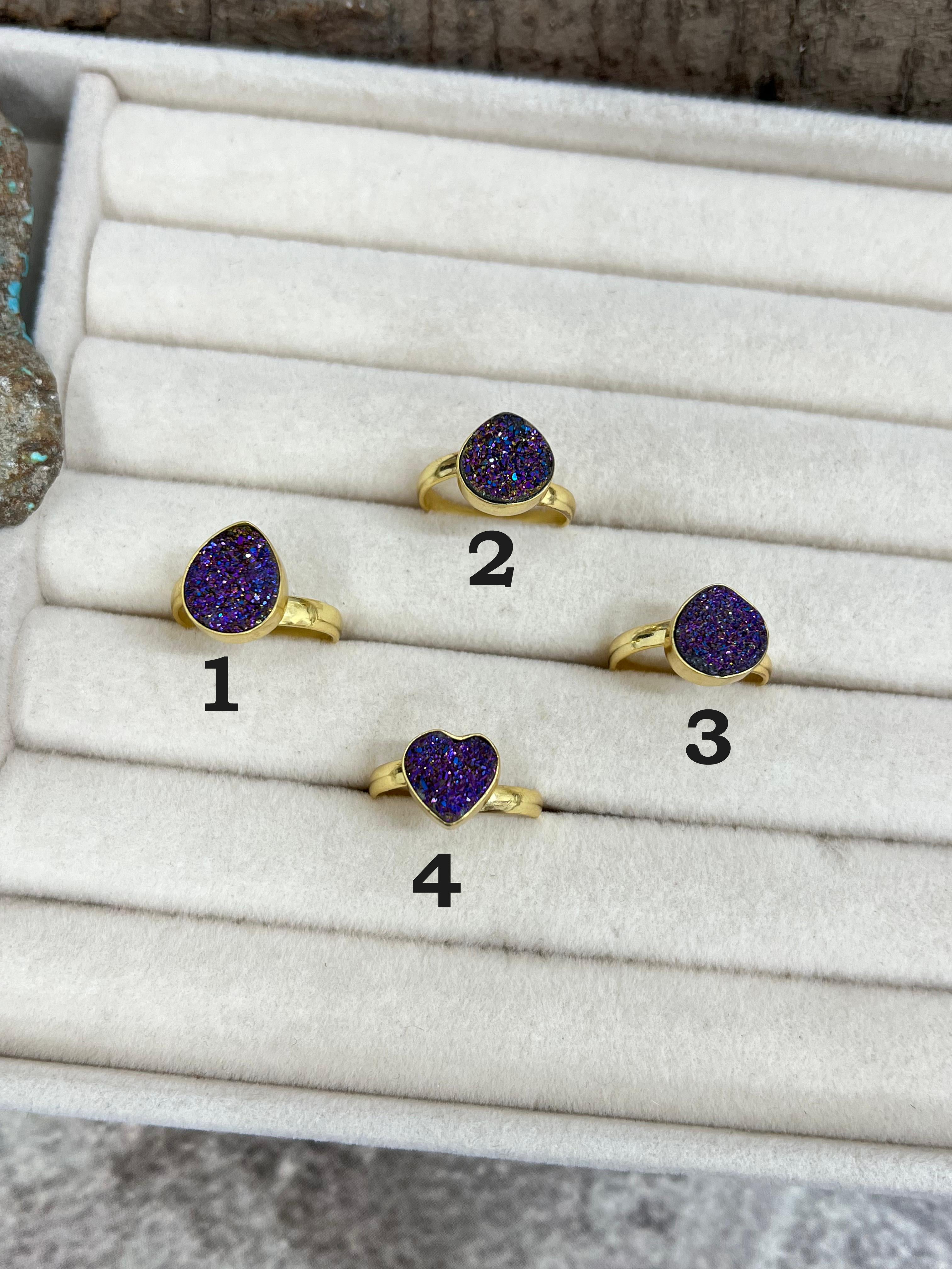 “The Boho Collection” Handmade Natural Druzy Purple Adjustable Ring