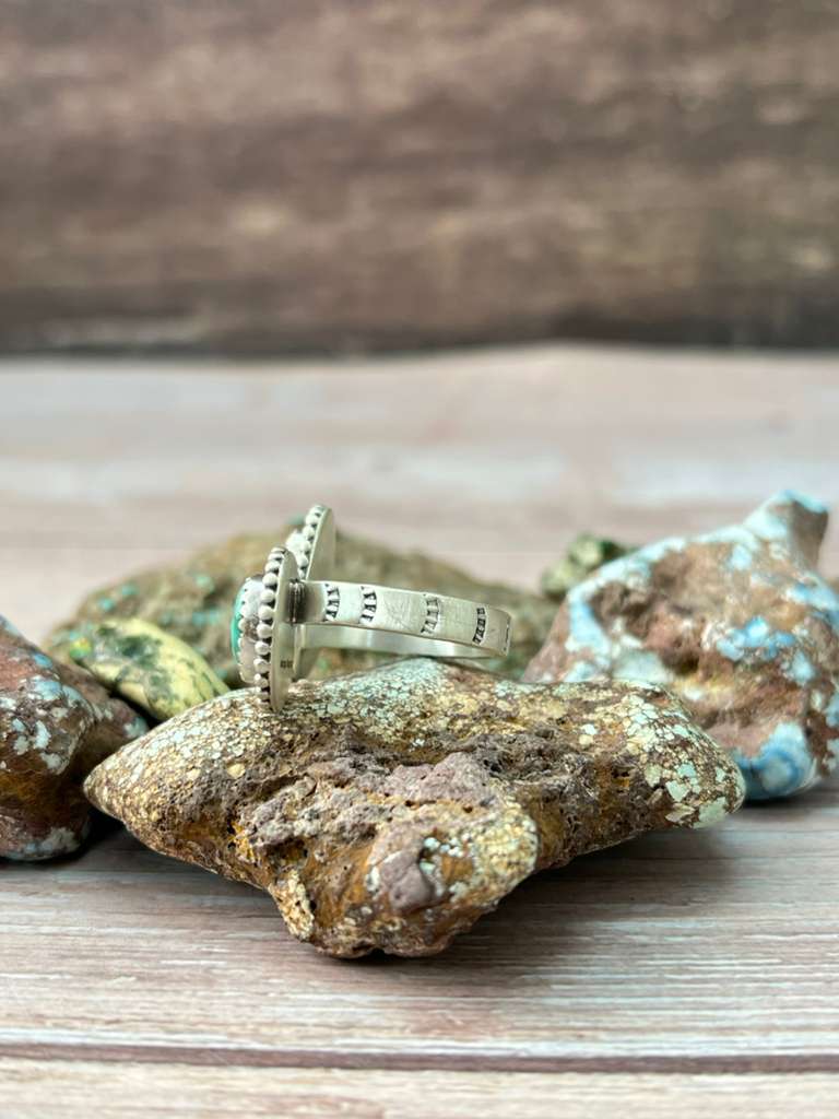 Handmade Sterling Silver Emerald Valley Turquoise Adjustable Ring "Signed Nizhoni"