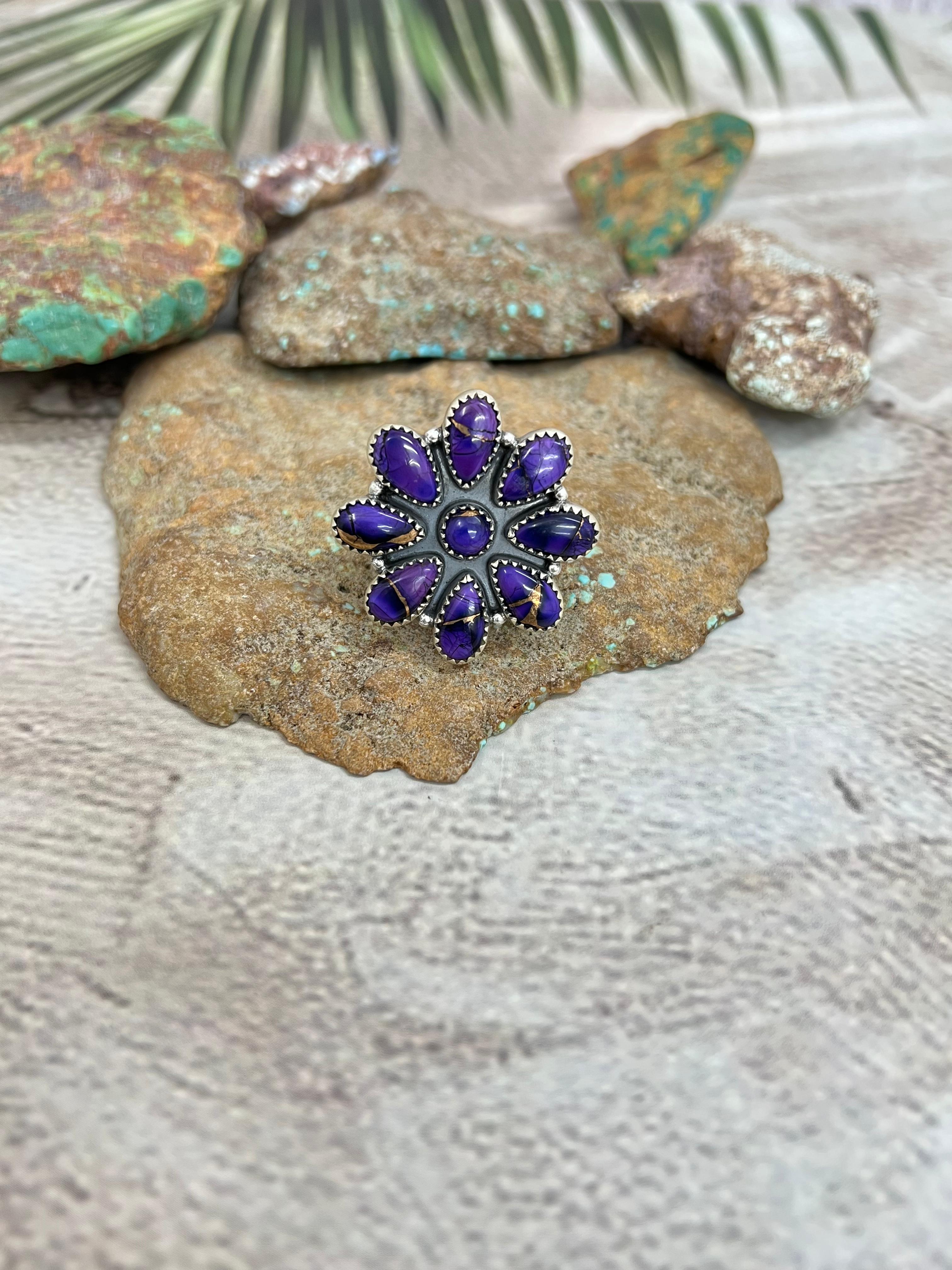 Handmade Sterling Silver Grape Dahlia Adjustable Ring with Signed Nizhoni