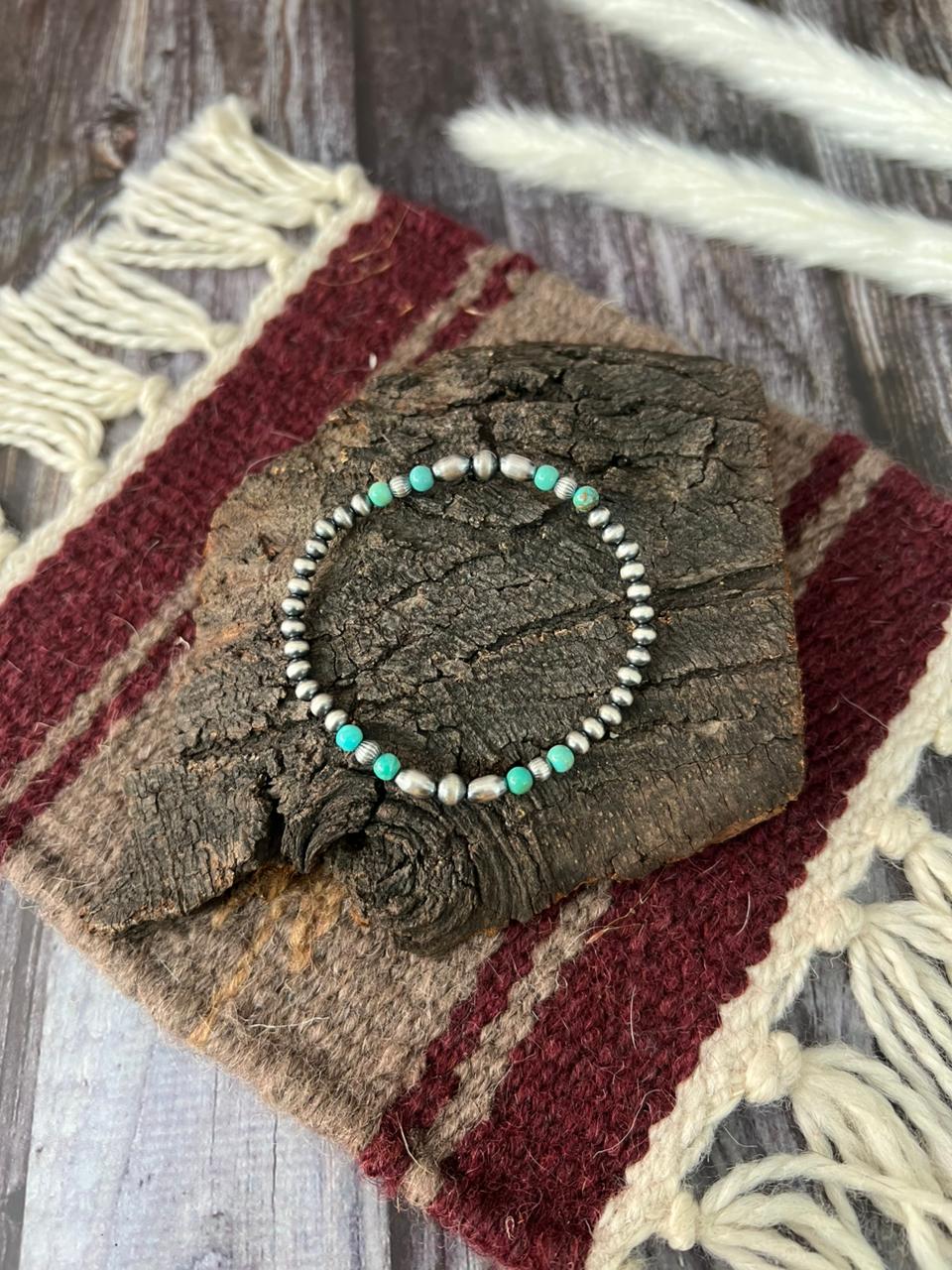Handmade Sterling Silver Kingman Turquoise Beaded Stretch Bracelet