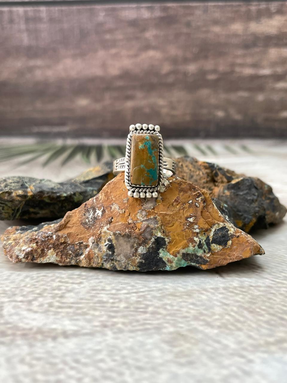 Handmade Sterling Silver Royston Ribbon Turquoise Adjustable Ring "Signed Nizhoni"