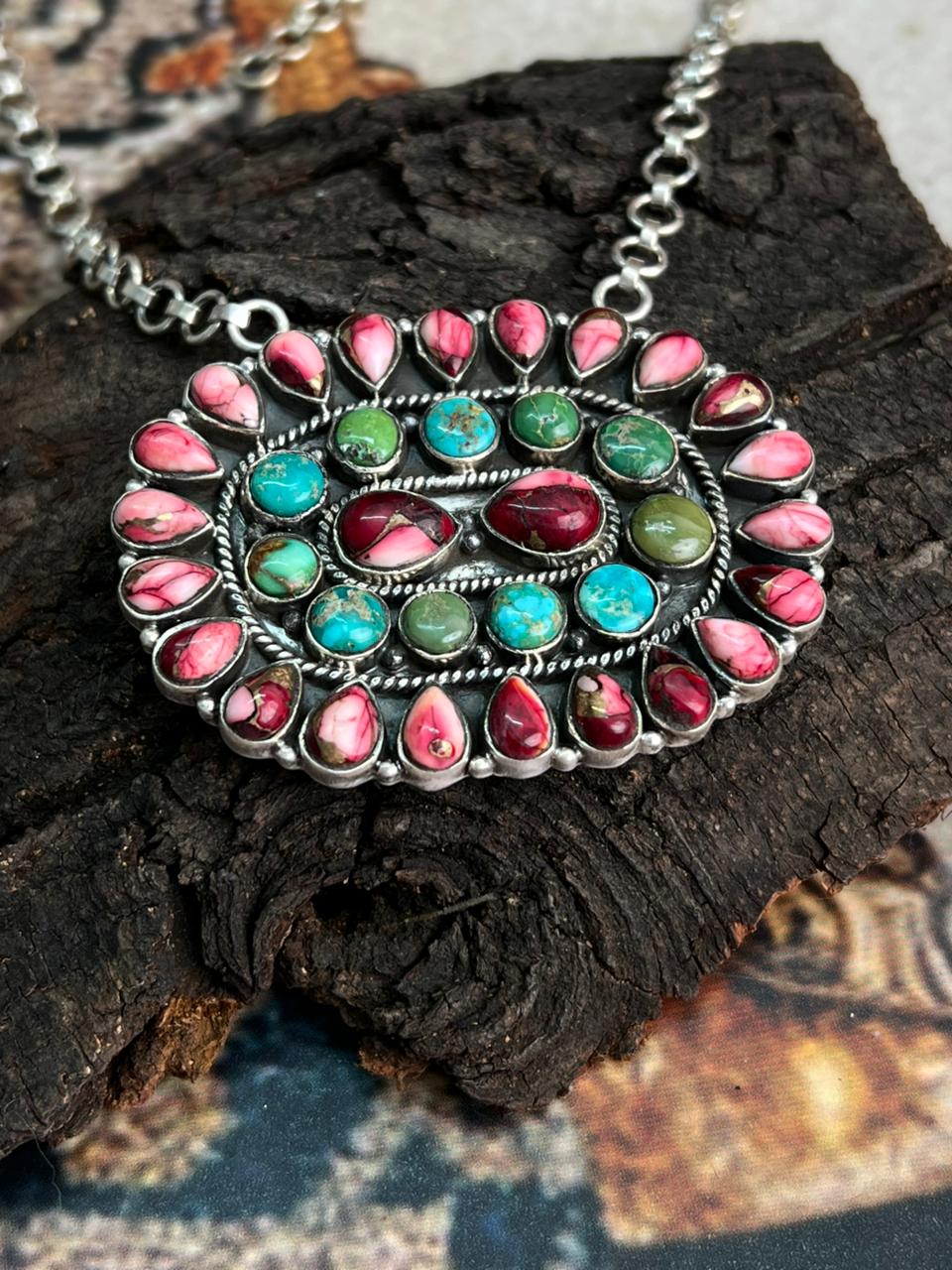 Handmade Sterling Silver Dahlia Rose with Emerald Valley Turquoise Necklace "Signed Nizhoni"