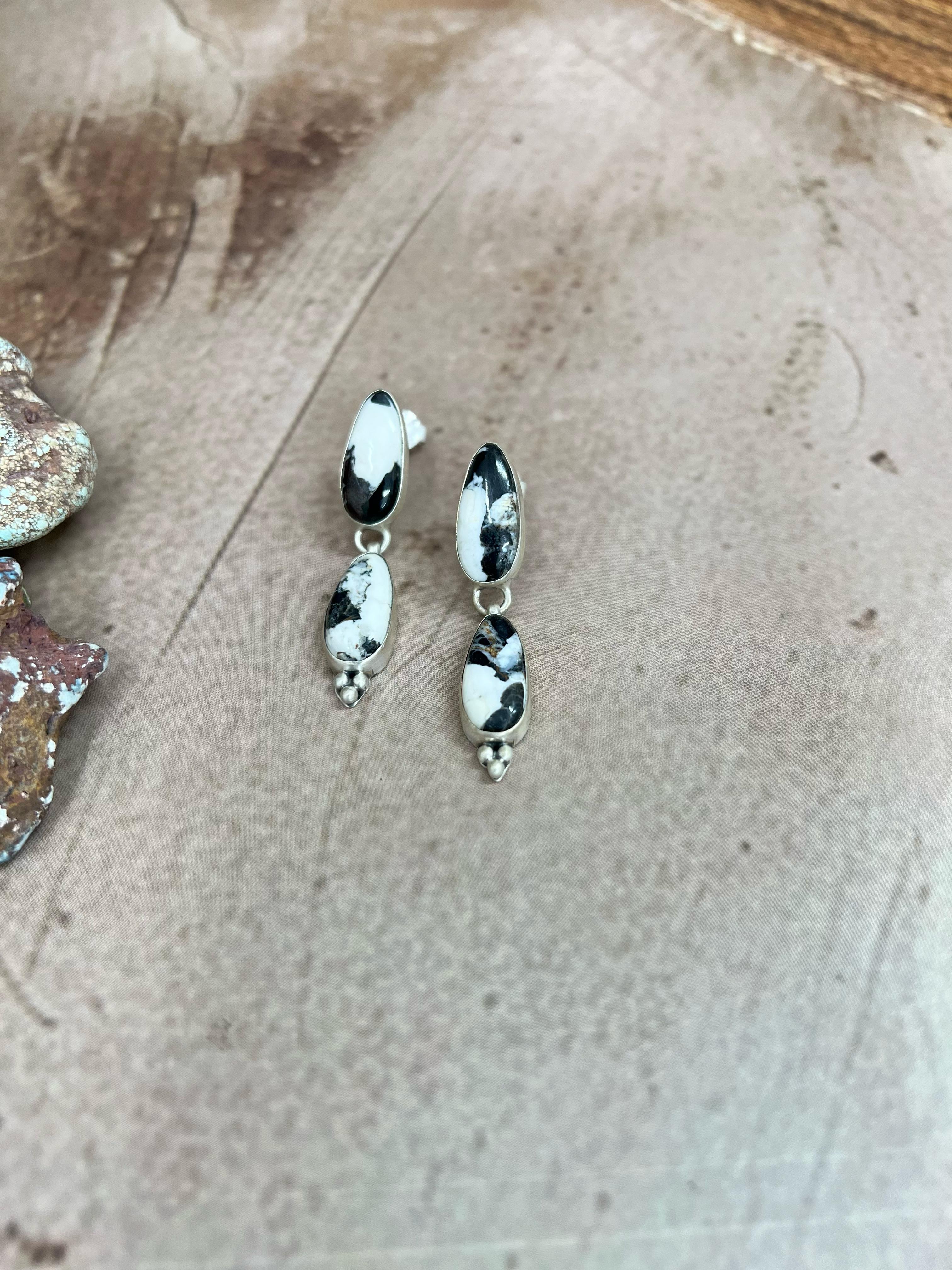 Handmade Sterling Silver White Buffalo Turquoise Dangle Earrings with Signed Nizhoni