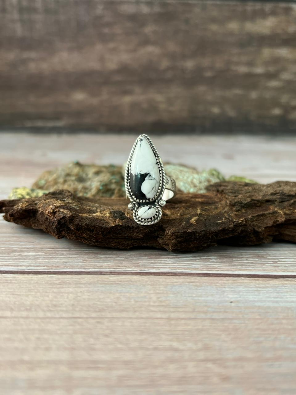Handmade Sterling Silver White Buffalo Adjustable Ring With Signed Nizhoni