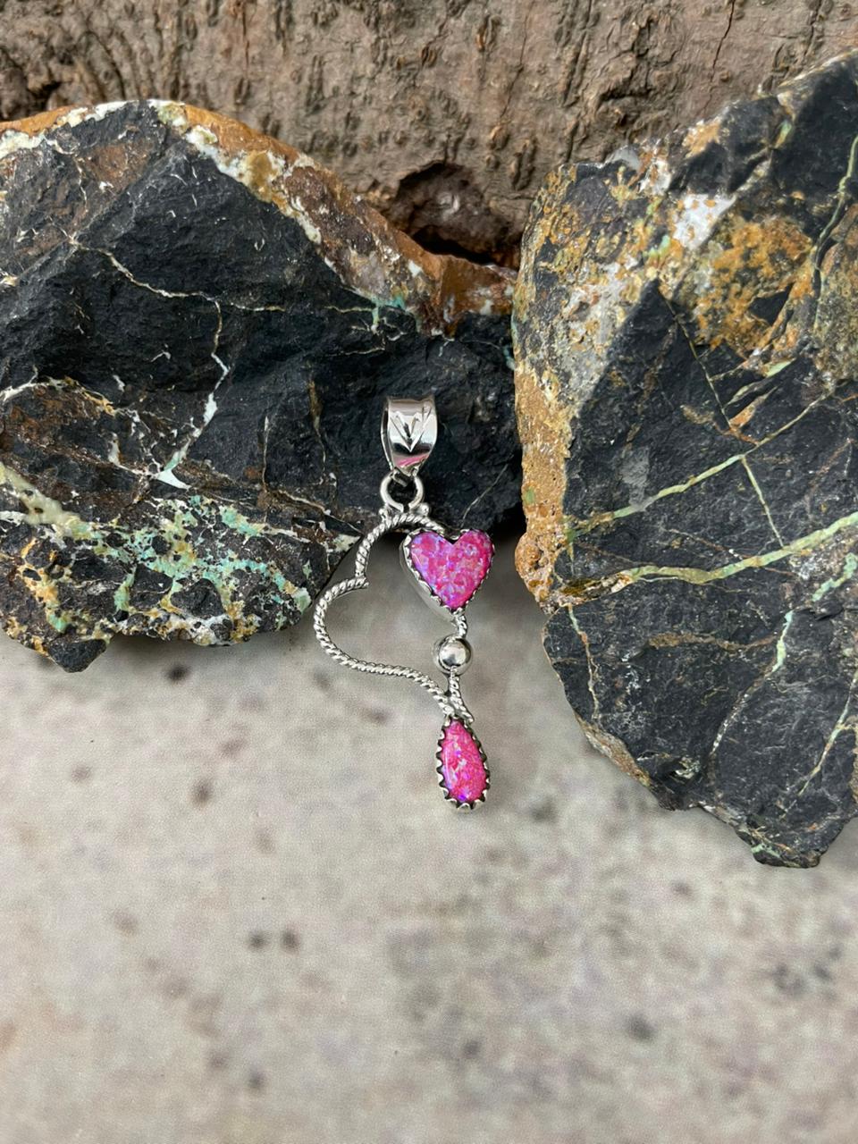 "Heart Collection" Handmade Sterling Silver Hot Pink Pendant "Signed Nizhoni"