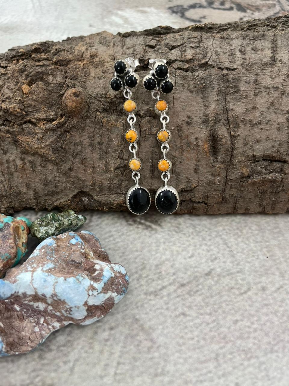 Handmade Sterling Silver Black Onyx, Bumblebee Post Dangle Earrings with Signed Nizhoni