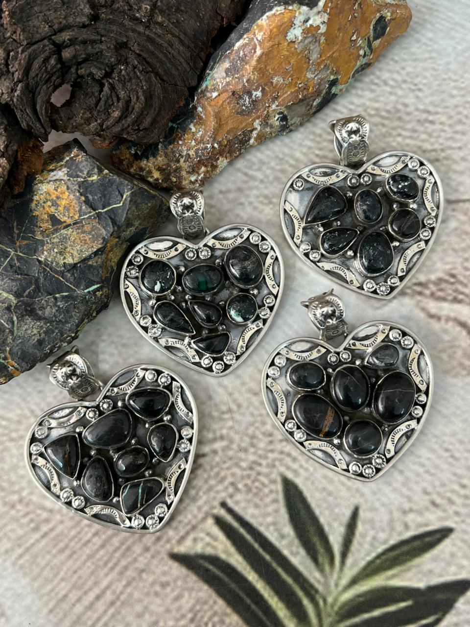 Handmade Sterling Silver Blackjack Turquoise Heart Pendant "Signed Nizhoni"