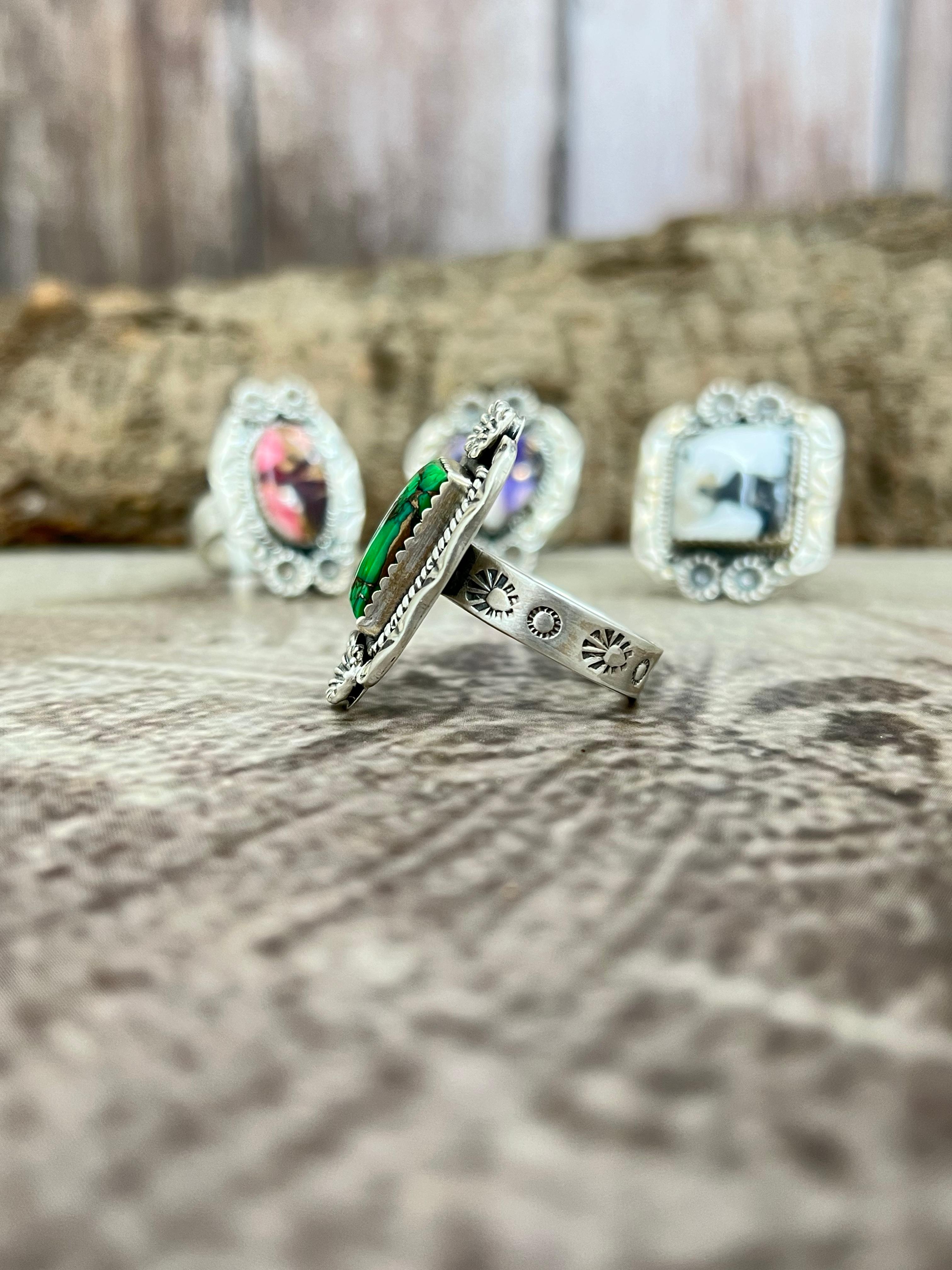 Handmade Sterling Silver Multi Stones Adjustable Ring with Signed Nizhoni